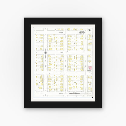 Old map wall art mockup — black gallery frame with white mat — Sanborn Fire Insurance Map from Perry, Dallas County, Iowa (1918), Sheet #0008