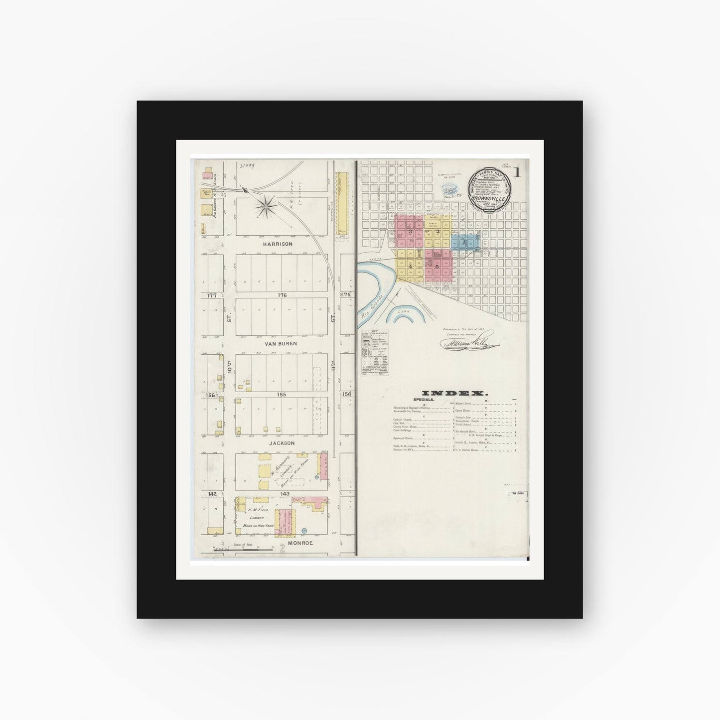 Old map wall art mockup — black gallery frame with white mat — Sanborn Fire Insurance Map from Brownsville, Cameron County, Texas (1894) - Complete Map Set