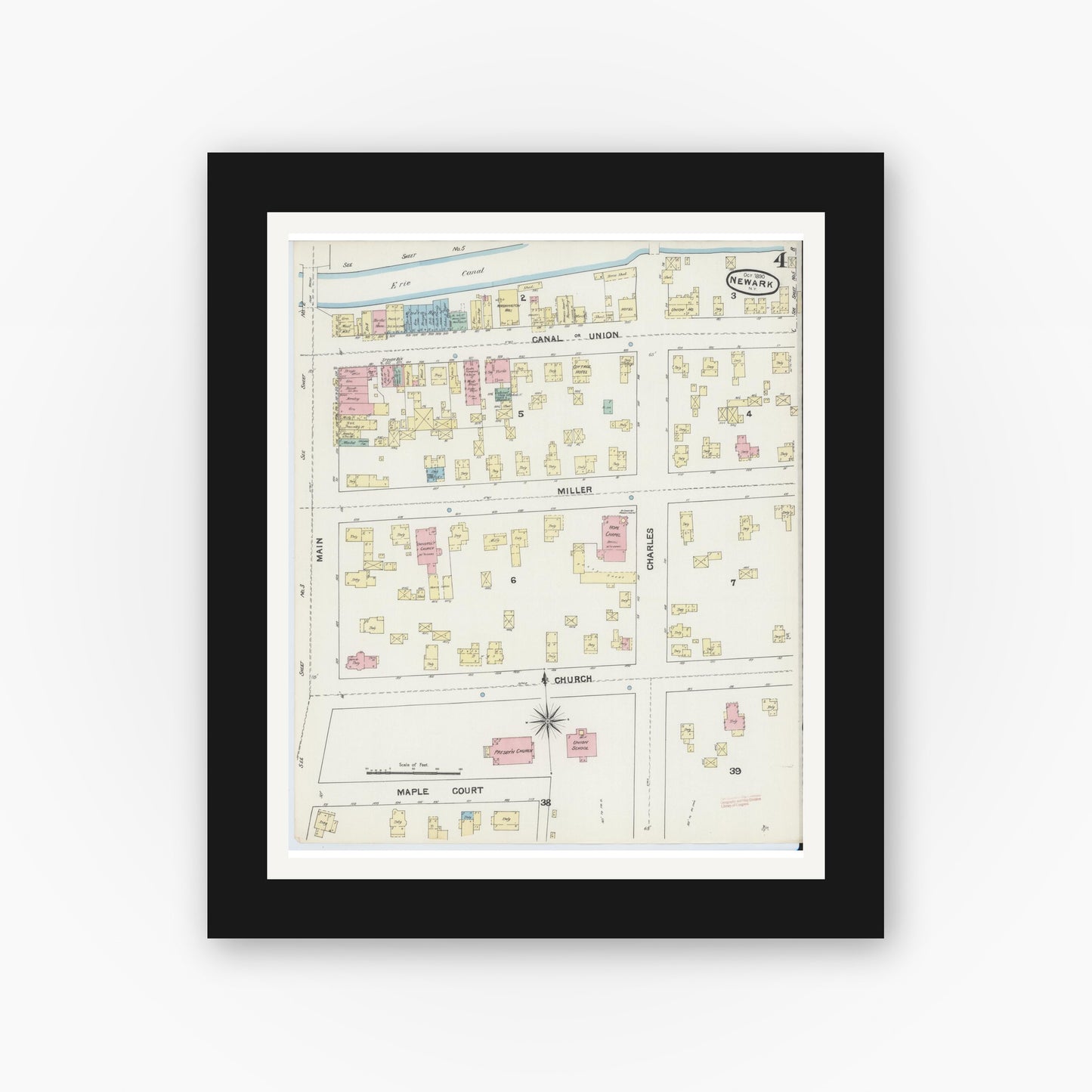 Old map wall art mockup — black gallery frame with white mat — Sanborn Fire Insurance Map from Newark, Wayne County, New York (1890), Sheet #0004