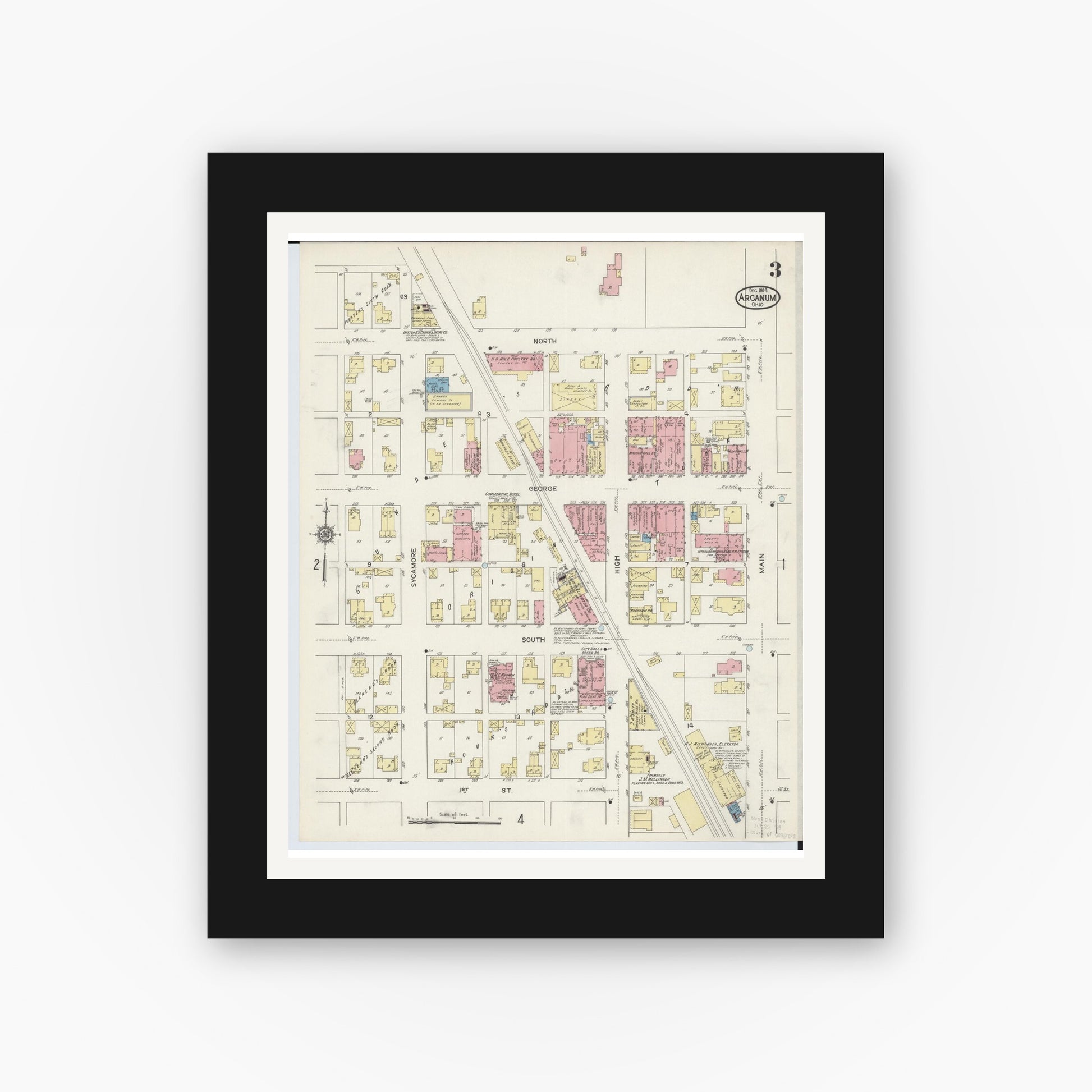 Old map wall art mockup — black gallery frame with white mat — Sanborn Fire Insurance Map from Arcanum, Darke County, Ohio (1914), Sheet #0003