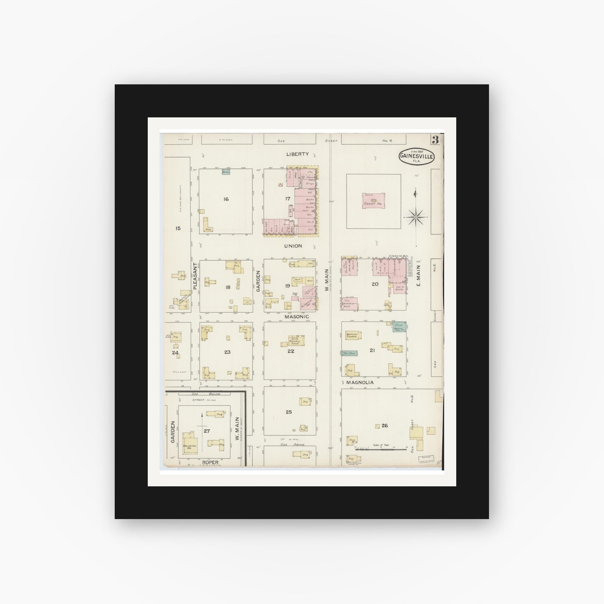 Old map wall art mockup — black gallery frame with white mat — Sanborn Fire Insurance Map from Gainesville, Alachua County, Florida (1887), Sheet #0003