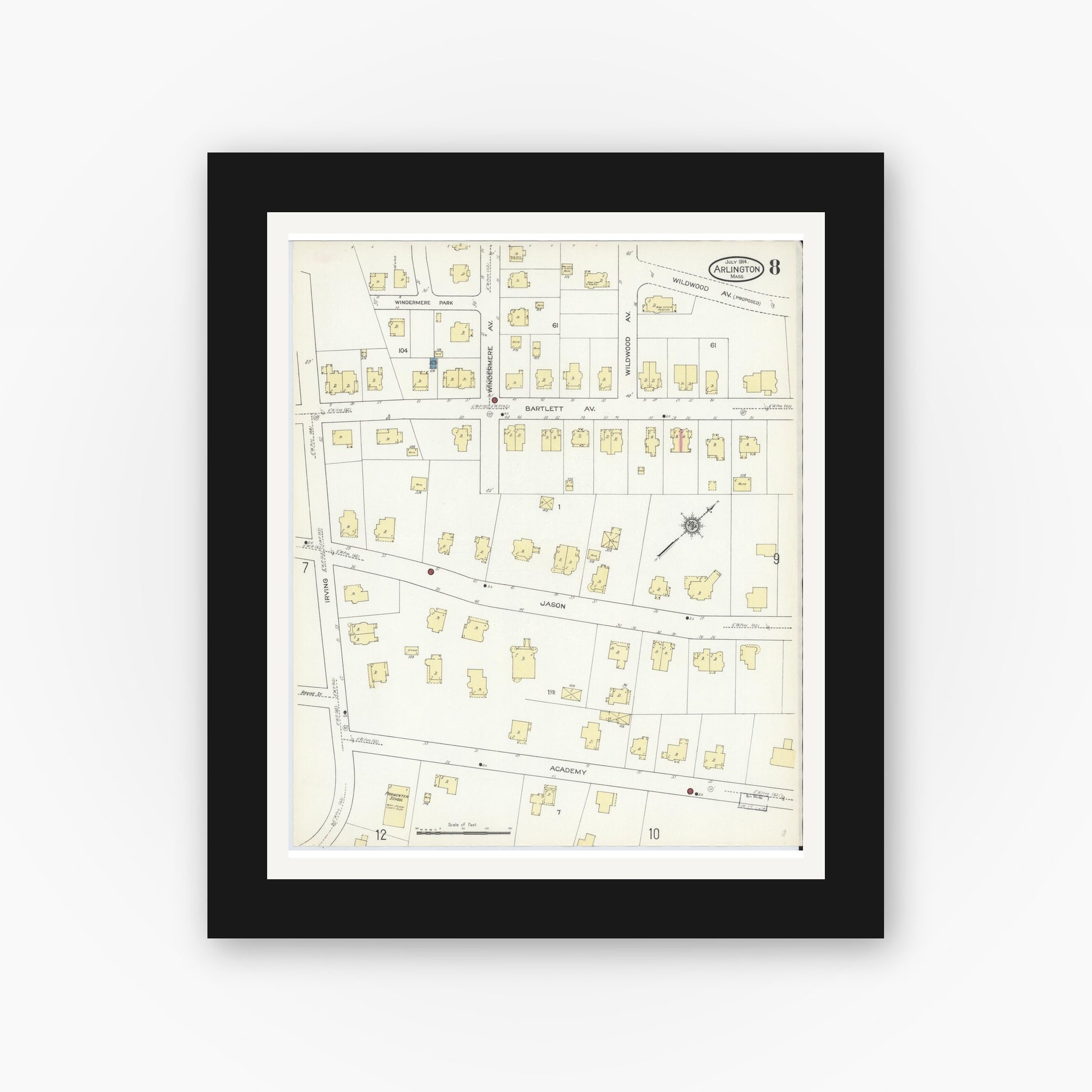 Old map wall art mockup — black gallery frame with white mat — Sanborn Fire Insurance Map from Arlington, Middlesex County, Massachusetts (1914), Sheet #0008