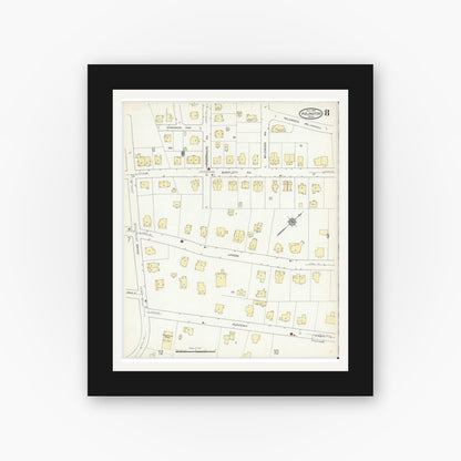 Old map wall art mockup — black gallery frame with white mat — Sanborn Fire Insurance Map from Arlington, Middlesex County, Massachusetts (1914), Sheet #0008