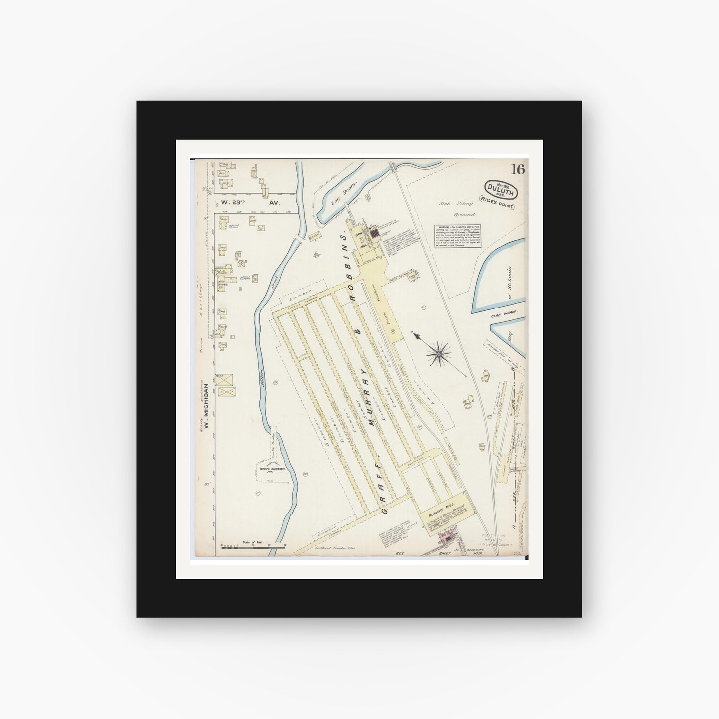 Old map wall art mockup — black gallery frame with white mat — Sanborn Fire Insurance Map from Duluth, Saint Louis County, Minnesota (1884), Sheet #0016