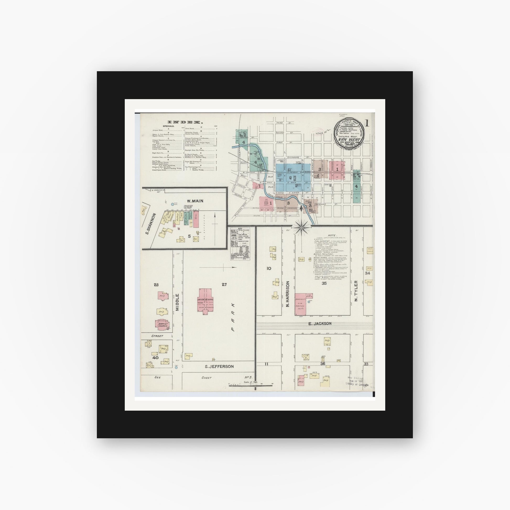 Old map wall art mockup — black gallery frame with white mat — Sanborn Fire Insurance Map from Van Wert, Van Wert County, Ohio (1890), Sheet #0001