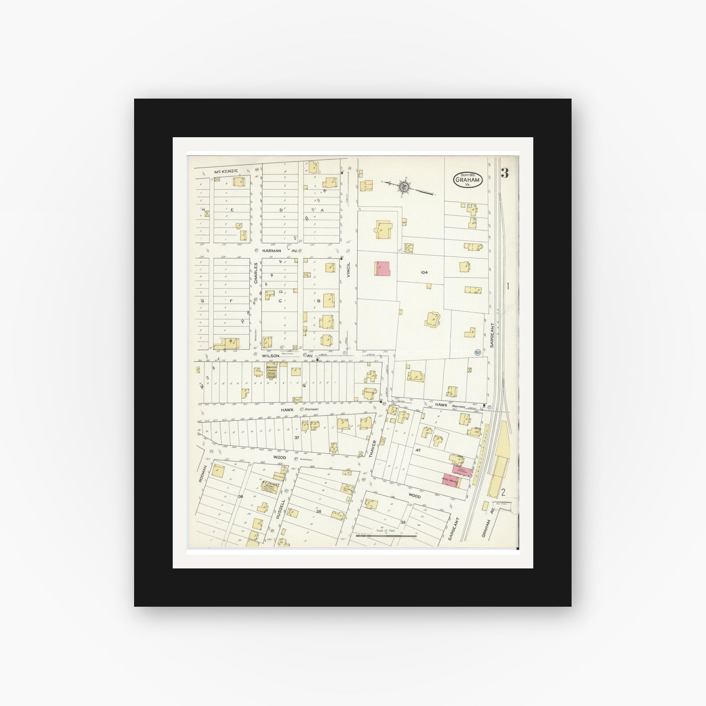Old map wall art mockup — black gallery frame with white mat — Sanborn Fire Insurance Map from Graham, Tazewell County, Virginia (1913), Sheet #0003