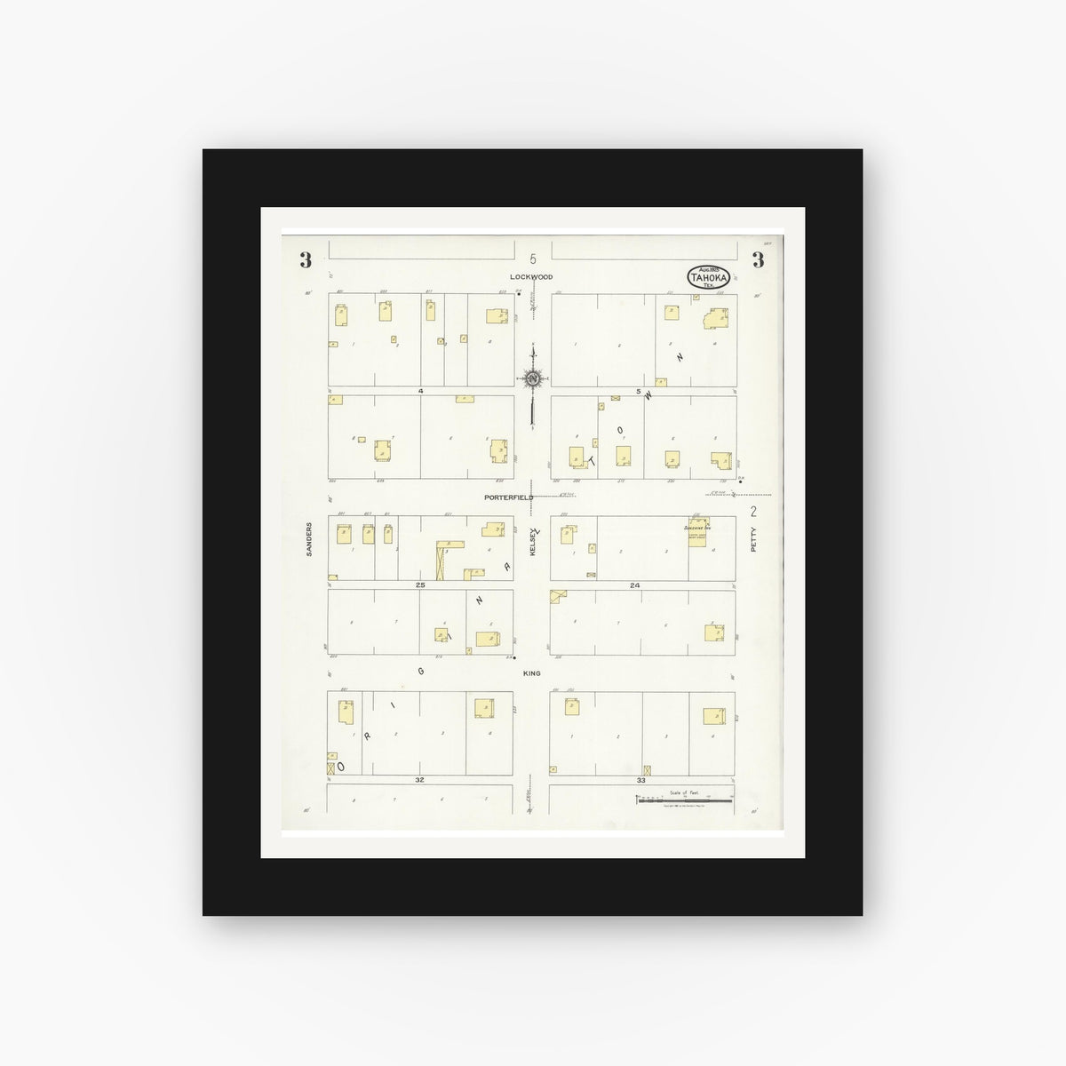 Old map wall art mockup — black gallery frame with white mat — Sanborn Fire Insurance Map from Tahoka, Lynn County, Texas (1925), Sheet #0003