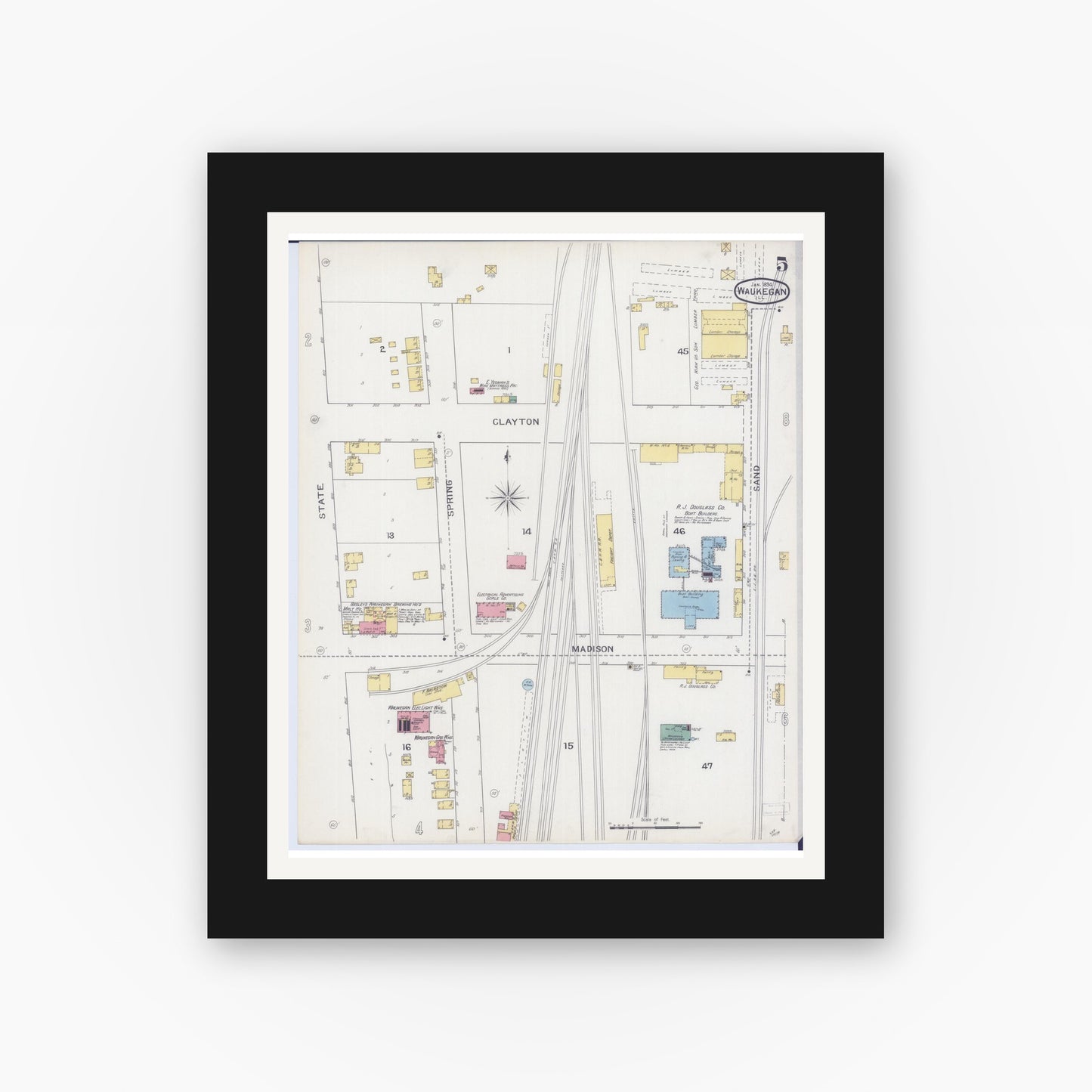 Old map wall art mockup — black gallery frame with white mat — Sanborn Fire Insurance Map from Waukegan, Lake County, Illinois (1894), Sheet #0005