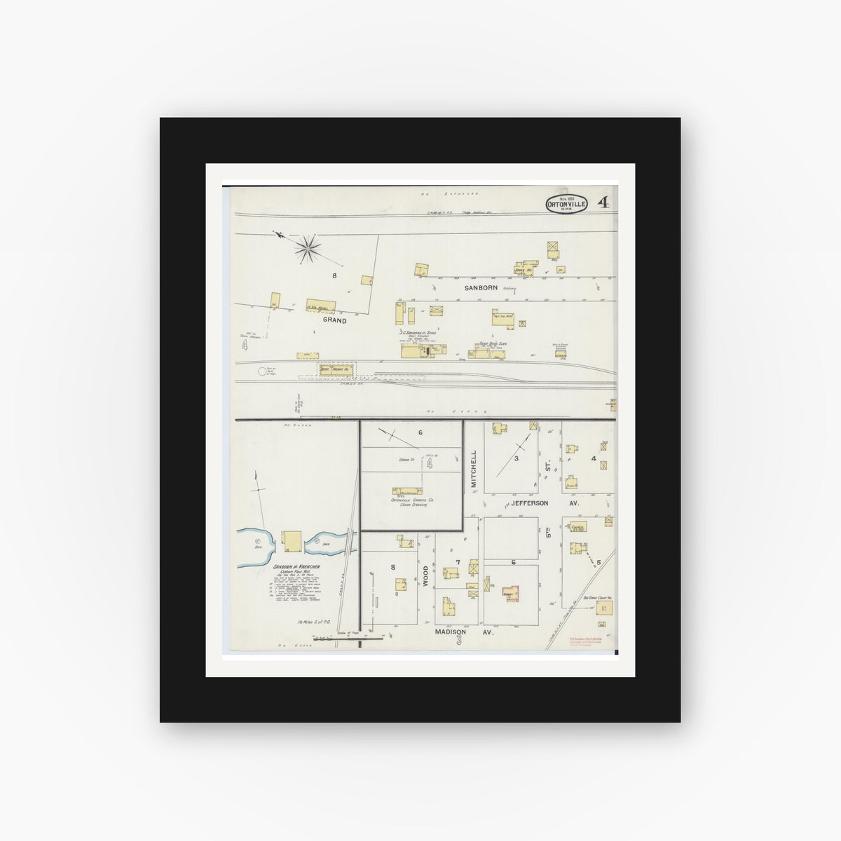 Old map wall art mockup — black gallery frame with white mat — Sanborn Fire Insurance Map from Ortonville, Big Stone County, Minnesota (1893), Sheet #0004