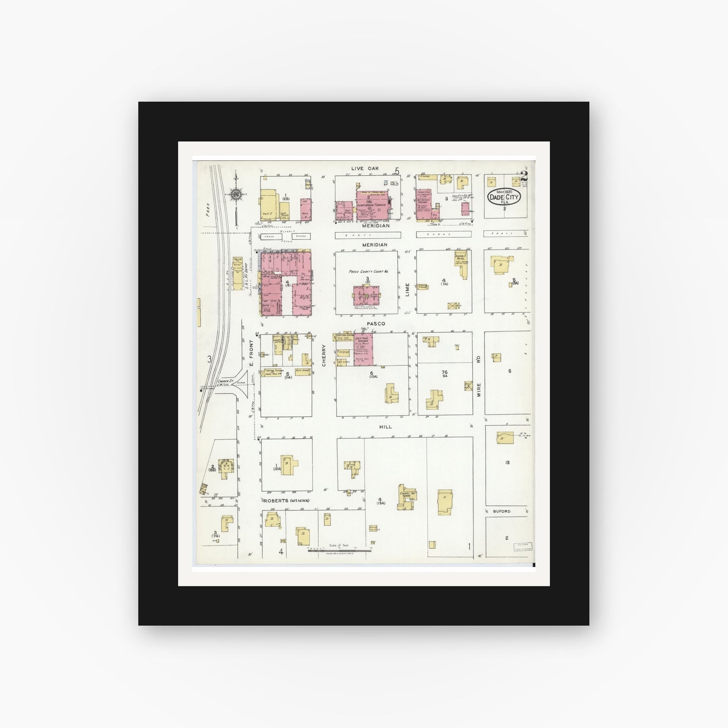 Old map wall art mockup — black gallery frame with white mat — Sanborn Fire Insurance Map from Dade City, Pasco County, Florida (1920), Sheet #0002