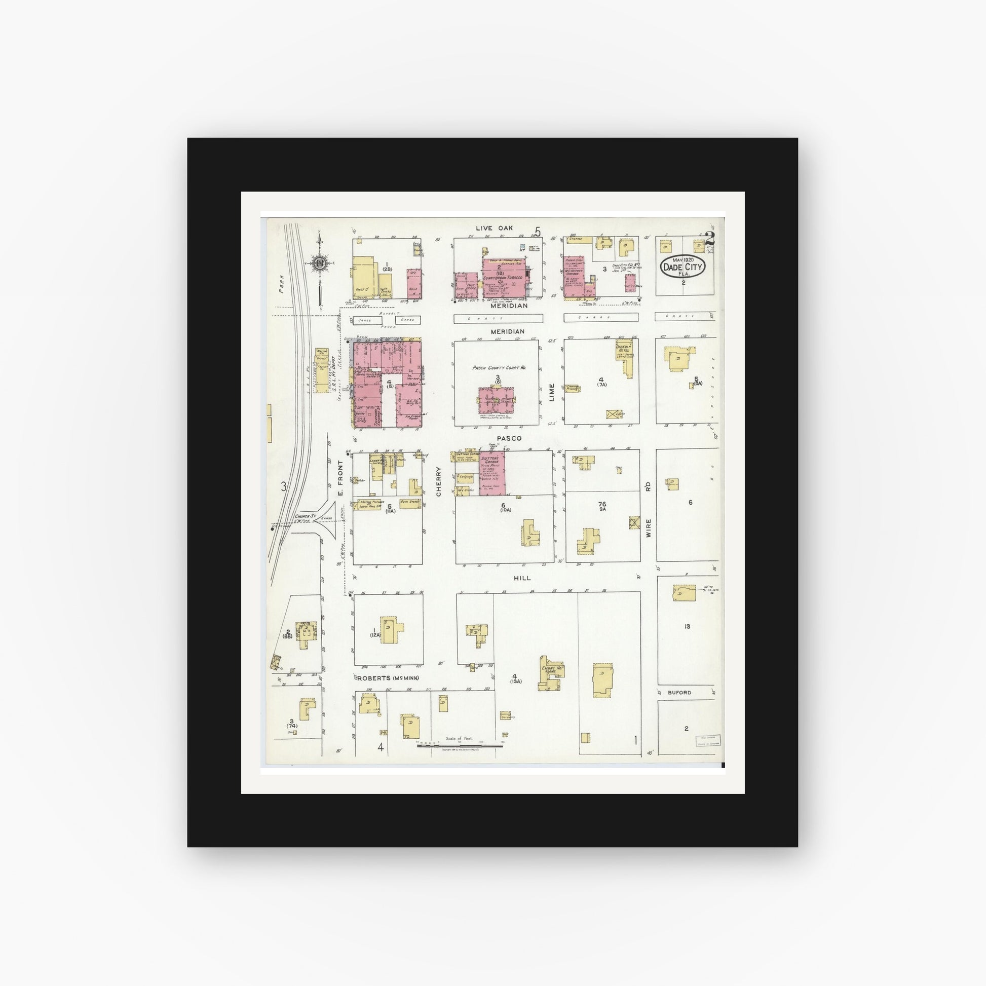 Old map wall art mockup — black gallery frame with white mat — Sanborn Fire Insurance Map from Dade City, Pasco County, Florida (1920), Sheet #0002