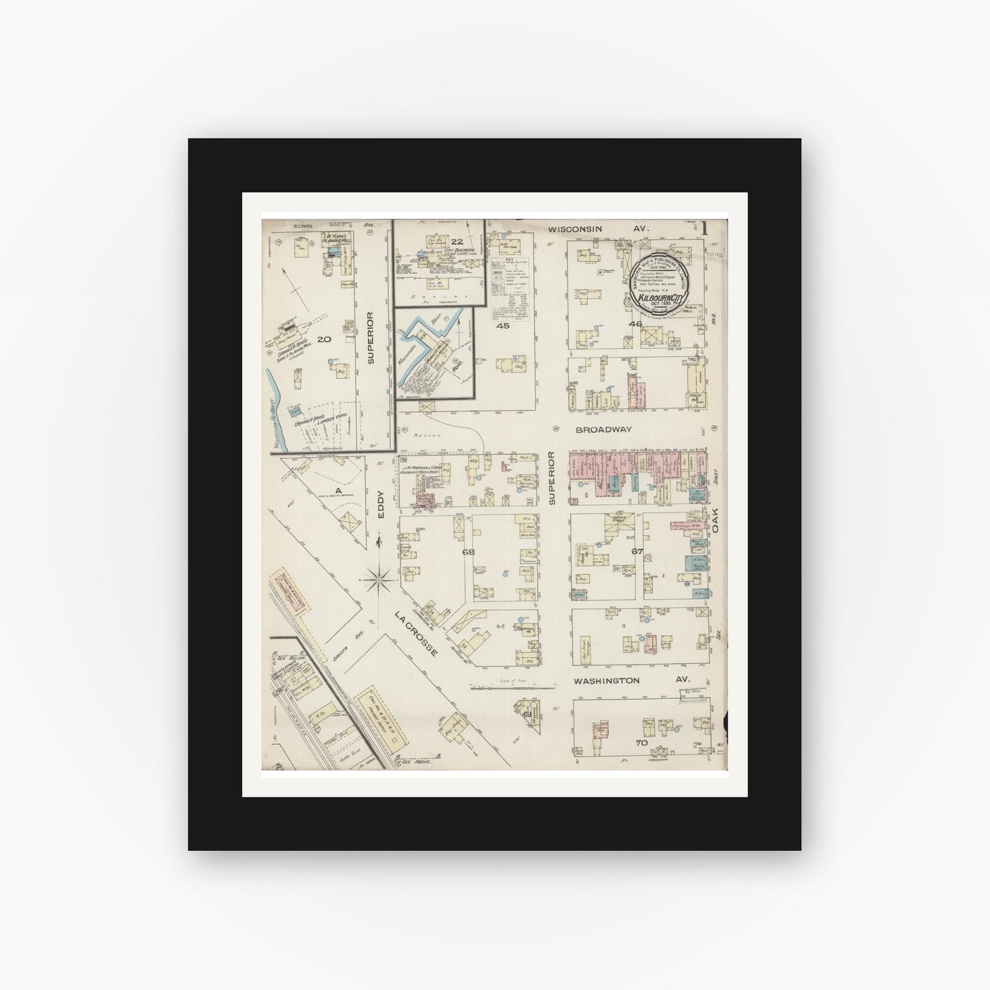 Old map wall art mockup — black gallery frame with white mat — Sanborn Fire Insurance Map from Kilbourn, Columbia County, Wisconsin (1885), Sheet #0001