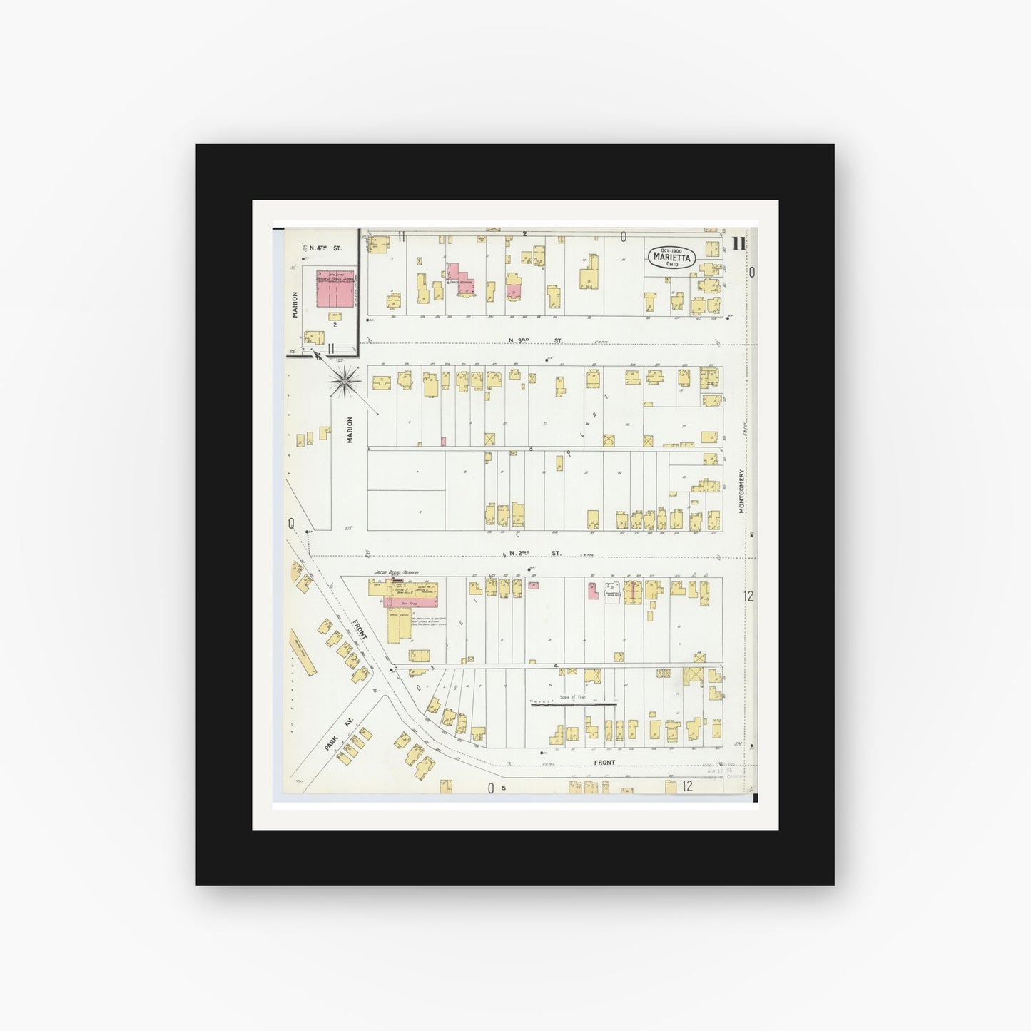 Old map wall art mockup — black gallery frame with white mat — Sanborn Fire Insurance Map from Marietta, Washington County, Ohio (1900), Sheet #0011
