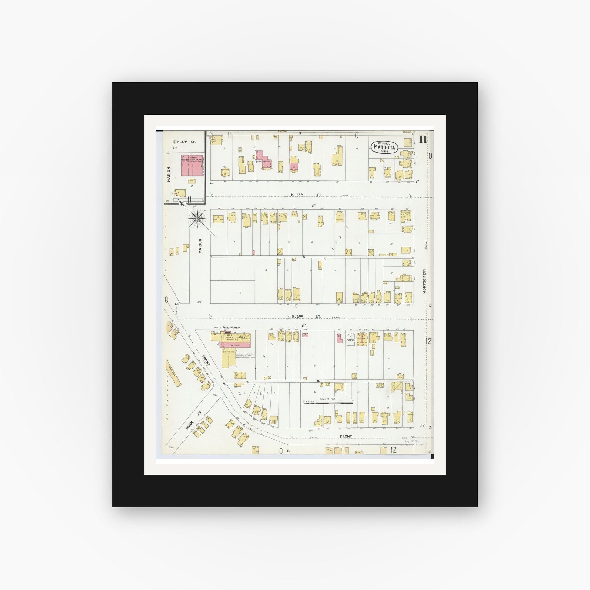 Old map wall art mockup — black gallery frame with white mat — Sanborn Fire Insurance Map from Marietta, Washington County, Ohio (1900), Sheet #0011