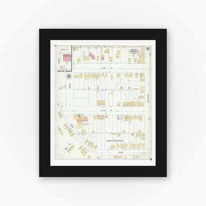Old map wall art mockup — black gallery frame with white mat — Sanborn Fire Insurance Map from Marietta, Washington County, Ohio (1900), Sheet #0011