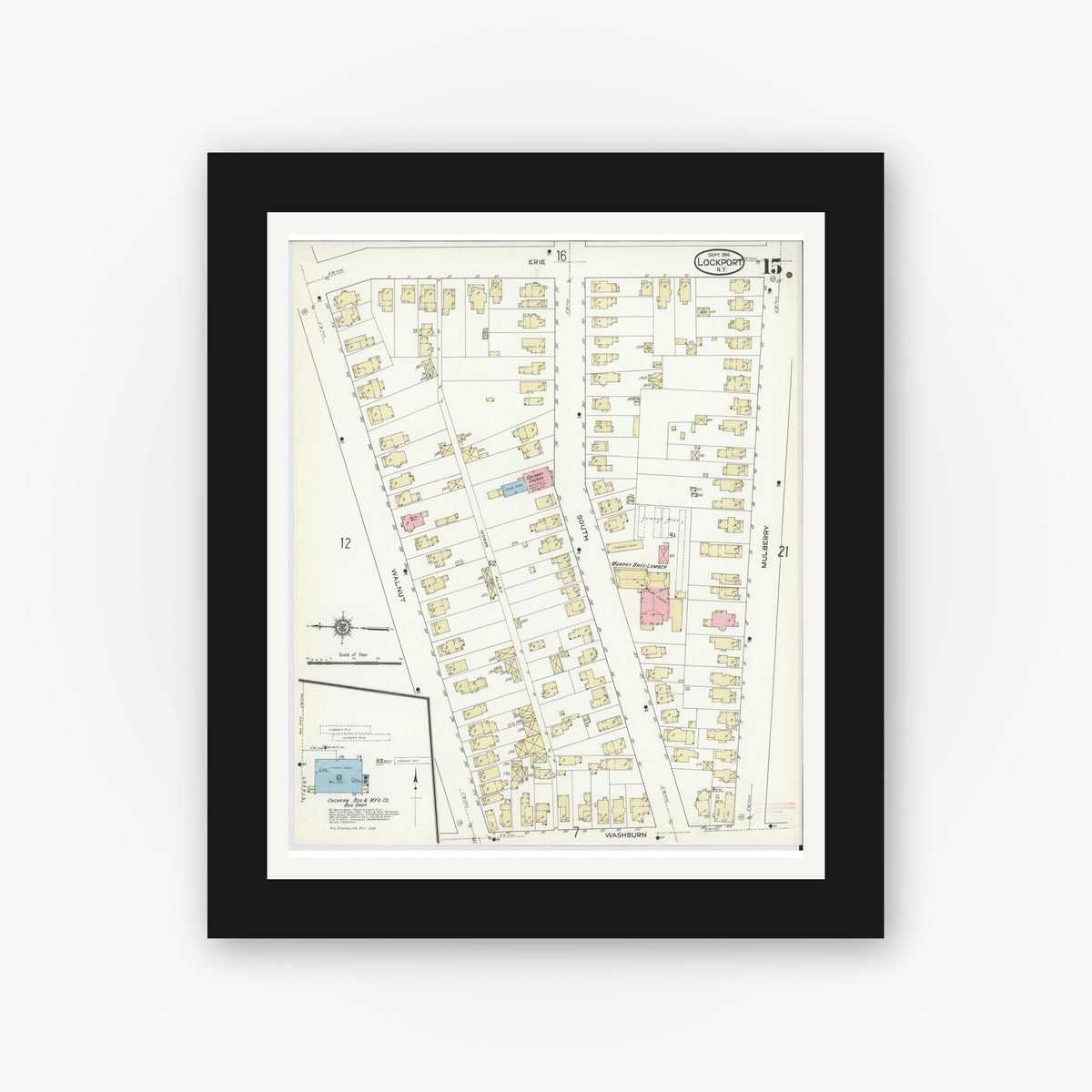 Old map wall art mockup — black gallery frame with white mat — Sanborn Fire Insurance Map from Lockport, Niagara County, New York (1914), Sheet #0015