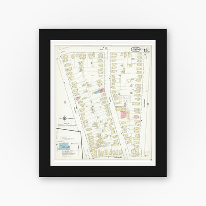 Old map wall art mockup — black gallery frame with white mat — Sanborn Fire Insurance Map from Lockport, Niagara County, New York (1914), Sheet #0015