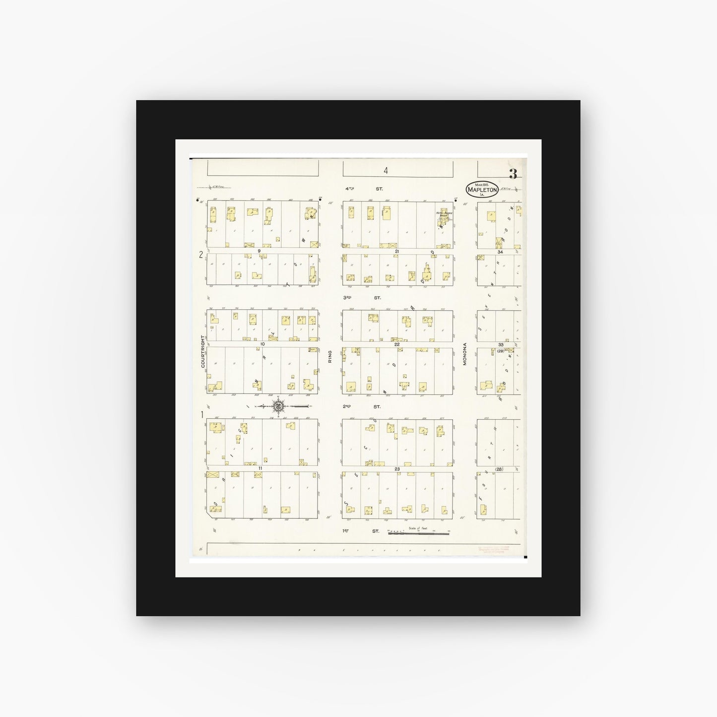 Old map wall art mockup — black gallery frame with white mat — Sanborn Fire Insurance Map from Mapleton, Monona County, Iowa (1915), Sheet #0003