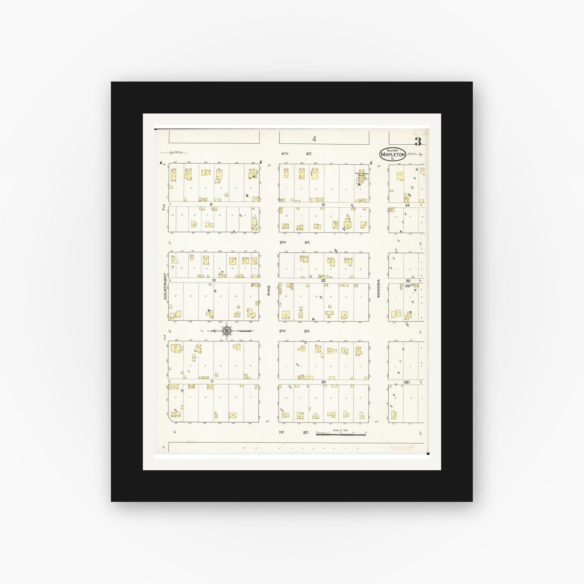 Old map wall art mockup — black gallery frame with white mat — Sanborn Fire Insurance Map from Mapleton, Monona County, Iowa (1915), Sheet #0003