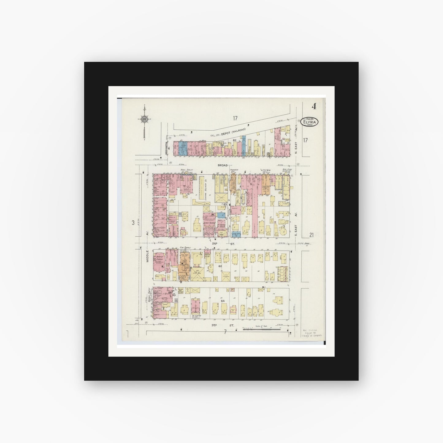 Old map wall art mockup — black gallery frame with white mat — Sanborn Fire Insurance Map from Elyria, Lorain County, Ohio (1915), Sheet #0004