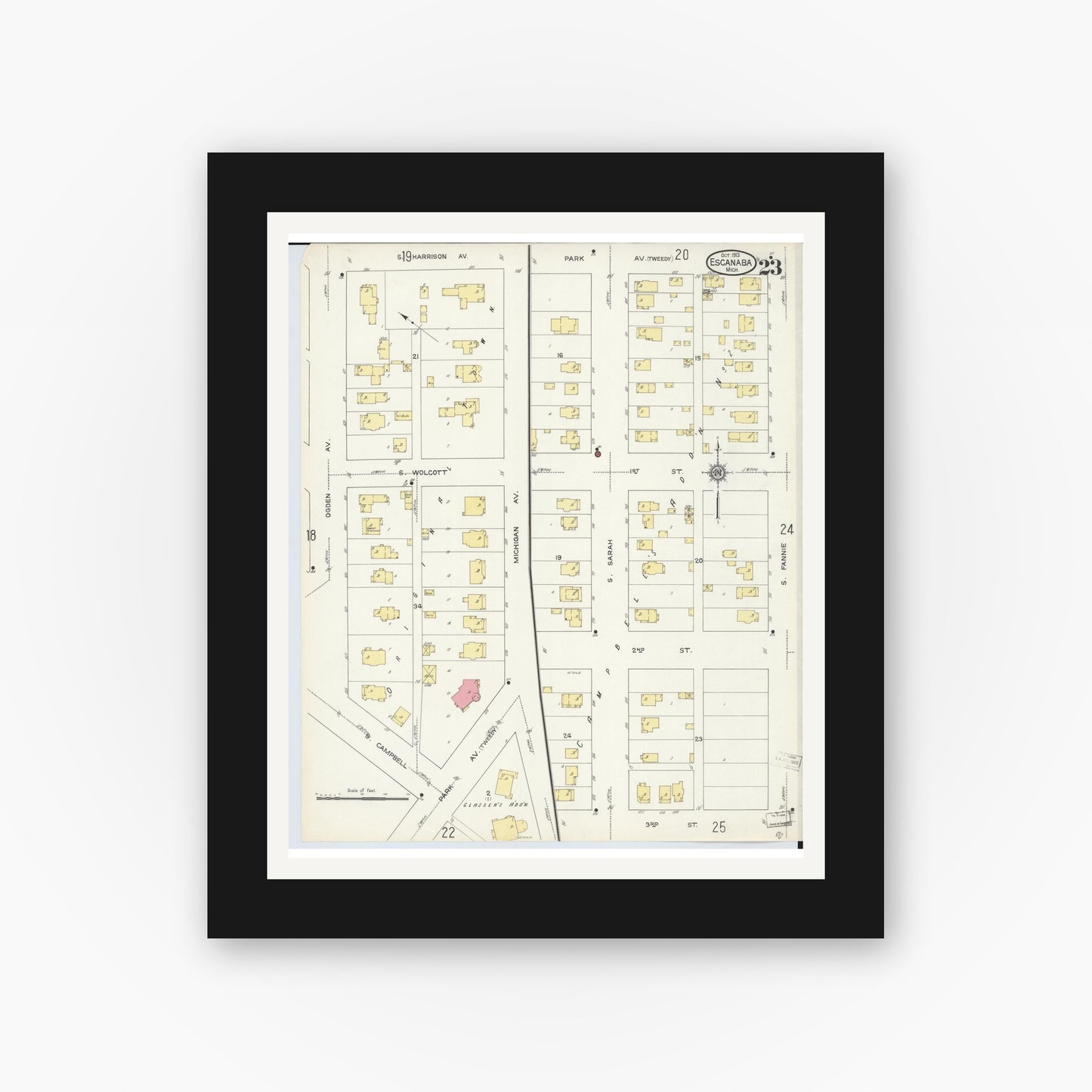 Old map wall art mockup — black gallery frame with white mat — Sanborn Fire Insurance Map from Escanaba, Delta County, Michigan (1913), Sheet #0023