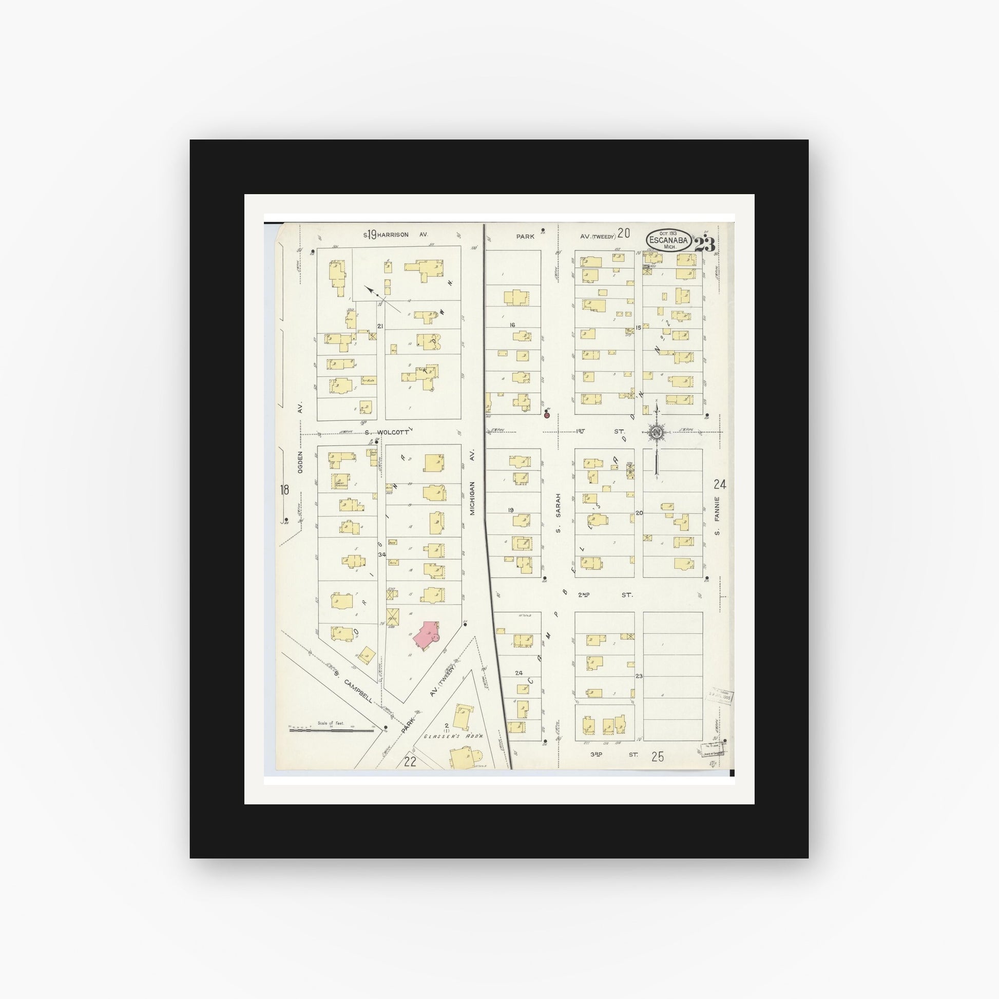 Old map wall art mockup — black gallery frame with white mat — Sanborn Fire Insurance Map from Escanaba, Delta County, Michigan (1913), Sheet #0023
