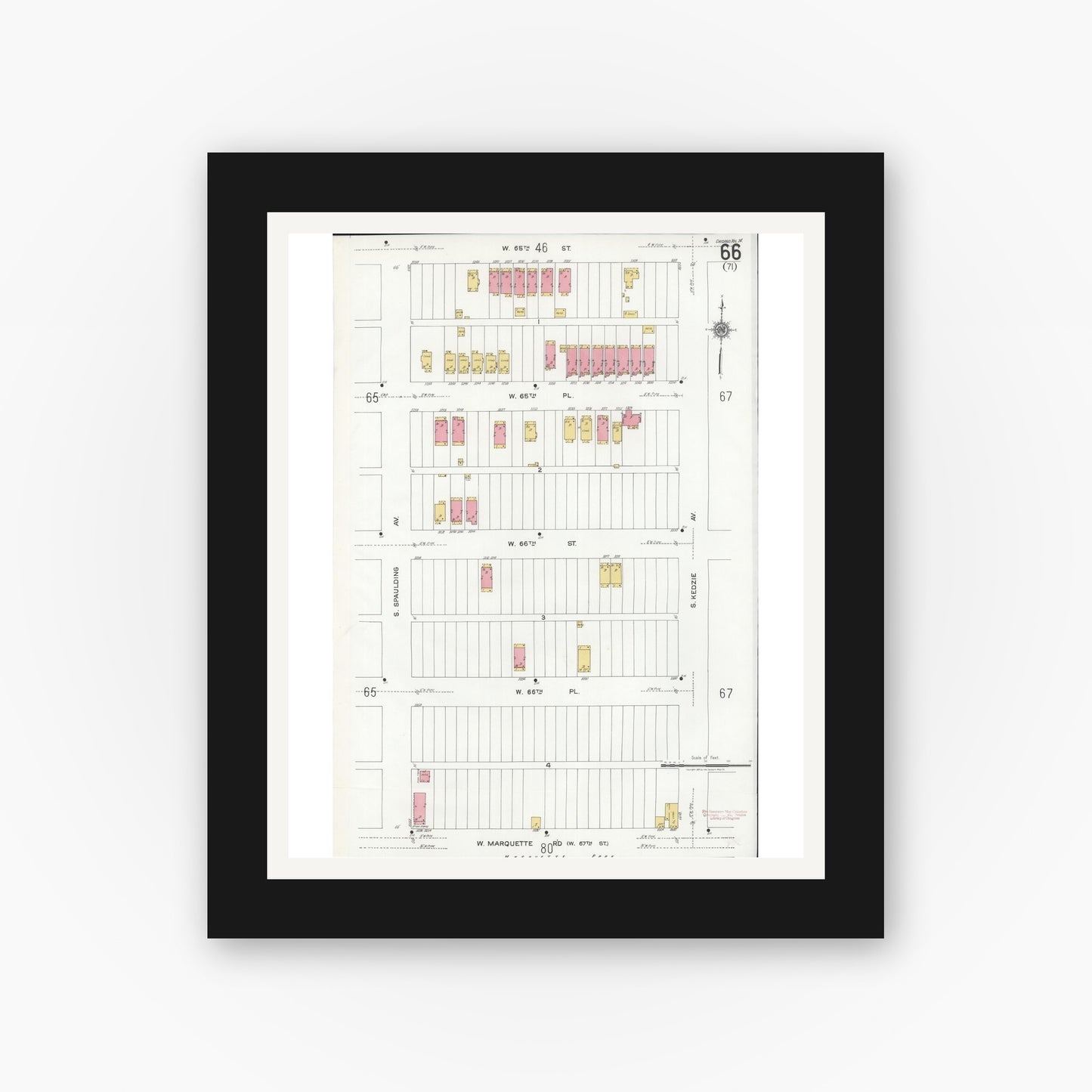 Old map wall art mockup — black gallery frame with white mat — Sanborn Fire Insurance Map from Chicago, Cook County, Illinois (1920), Sheet #0066