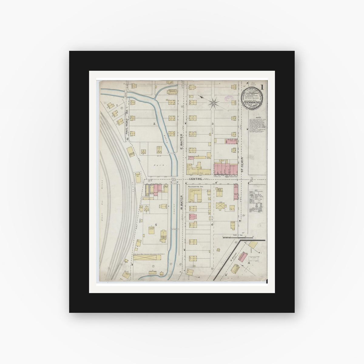 Old map wall art mockup — black gallery frame with white mat — Sanborn Fire Insurance Map from Pocahontas, Tazewell County, Virginia (1893) - Complete Map Set