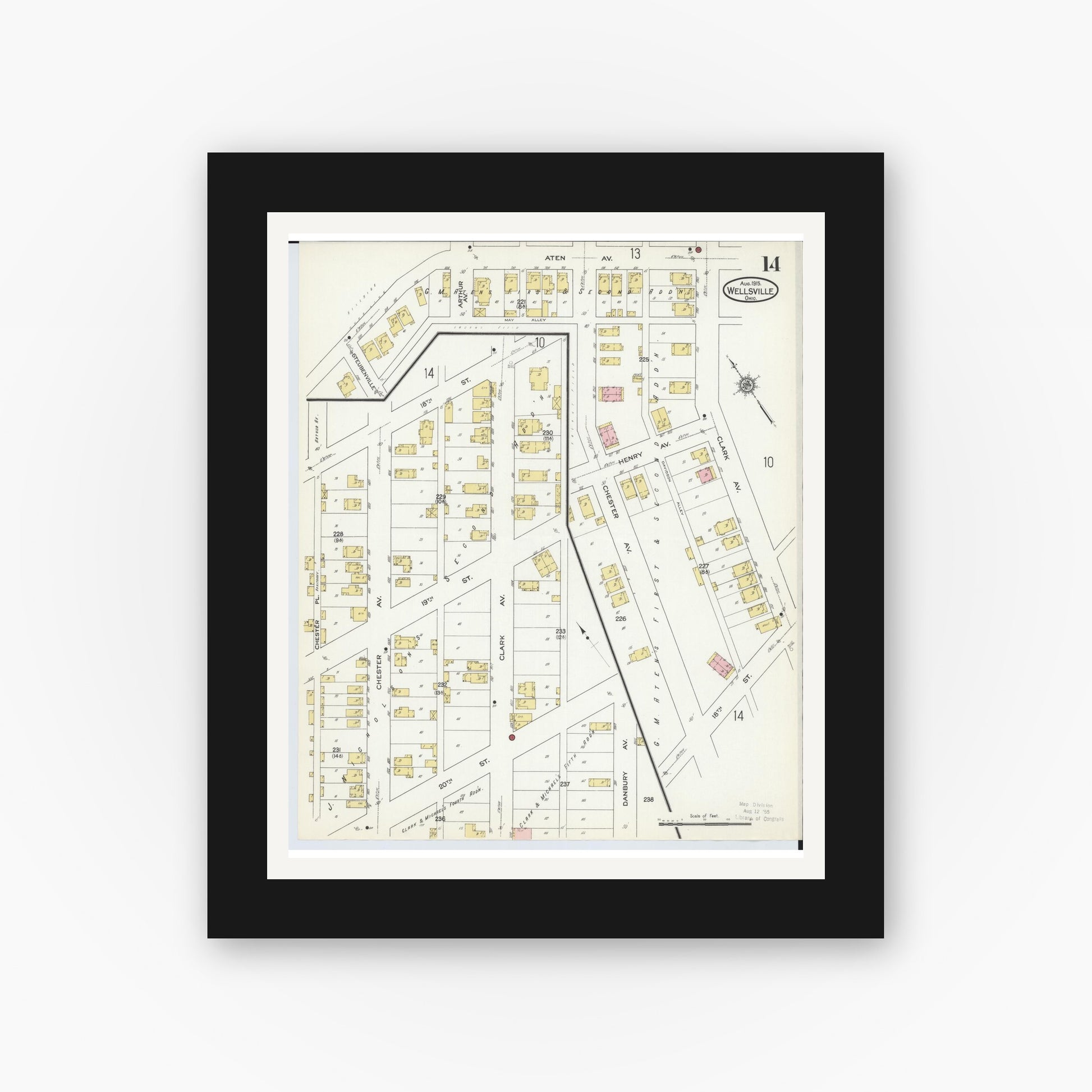 Old map wall art mockup — black gallery frame with white mat — Sanborn Fire Insurance Map from Wellsville, Columbiana County, Ohio (1915), Sheet #0014