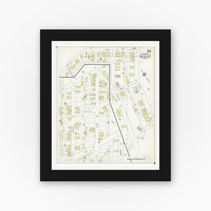 Old map wall art mockup — black gallery frame with white mat — Sanborn Fire Insurance Map from Wellsville, Columbiana County, Ohio (1915), Sheet #0014