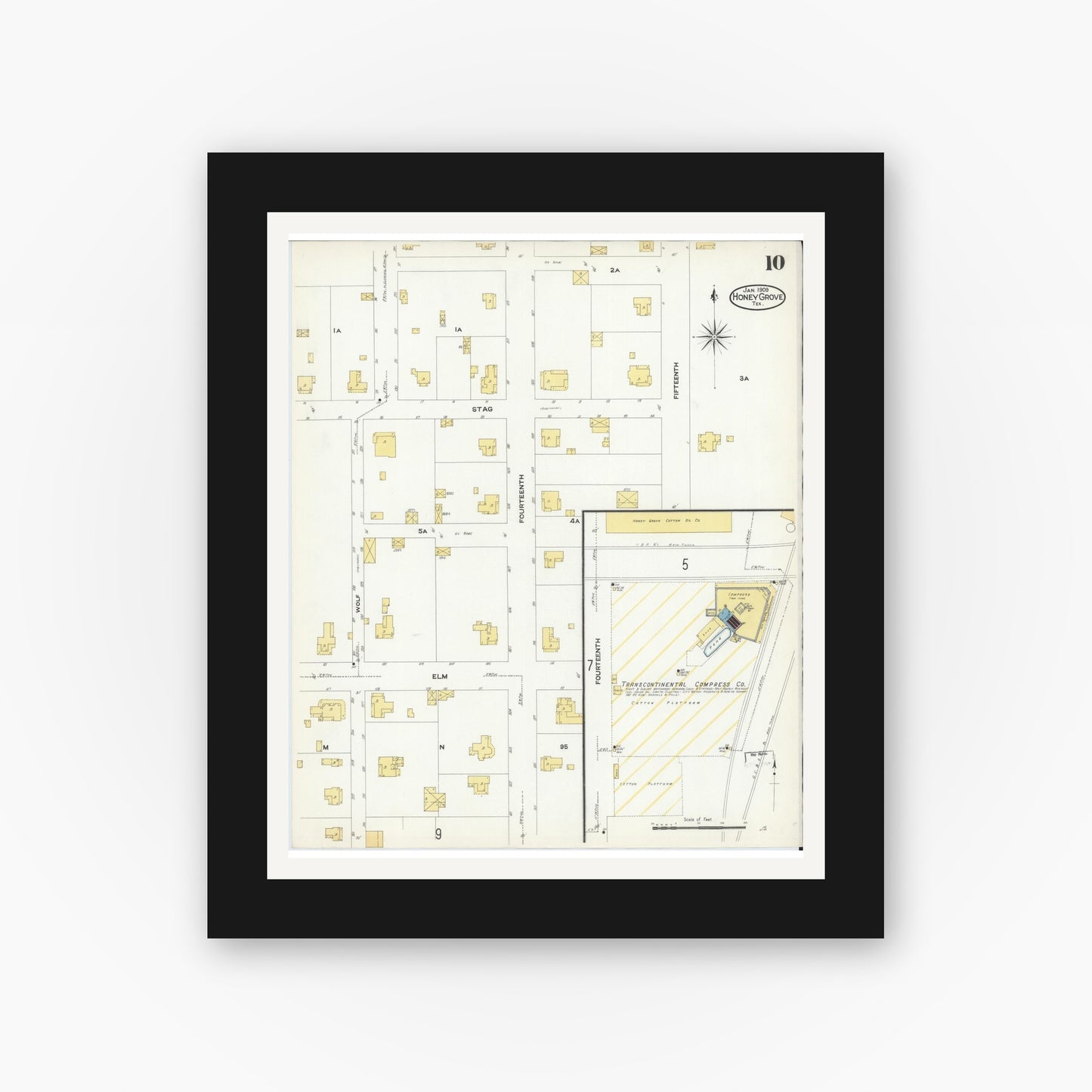 Old map wall art mockup — black gallery frame with white mat — Sanborn Fire Insurance Map from Honey Grove, Fannin County, Texas (1909), Sheet #0010