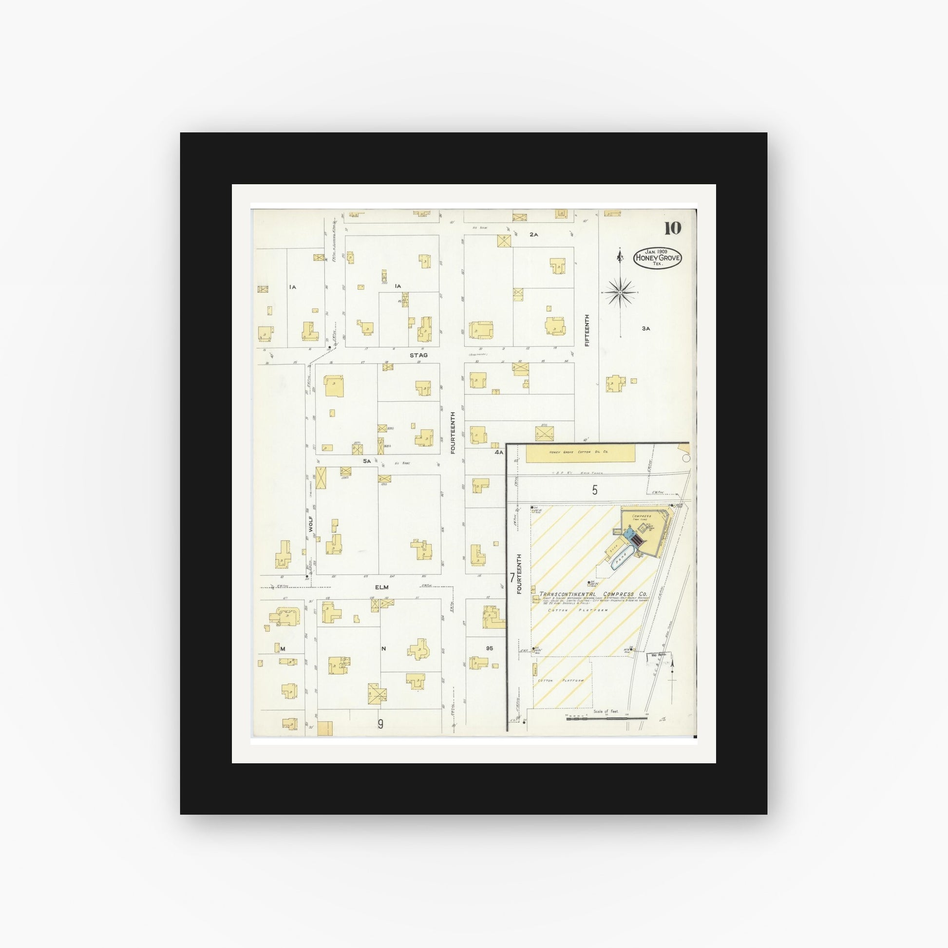 Old map wall art mockup — black gallery frame with white mat — Sanborn Fire Insurance Map from Honey Grove, Fannin County, Texas (1909), Sheet #0010