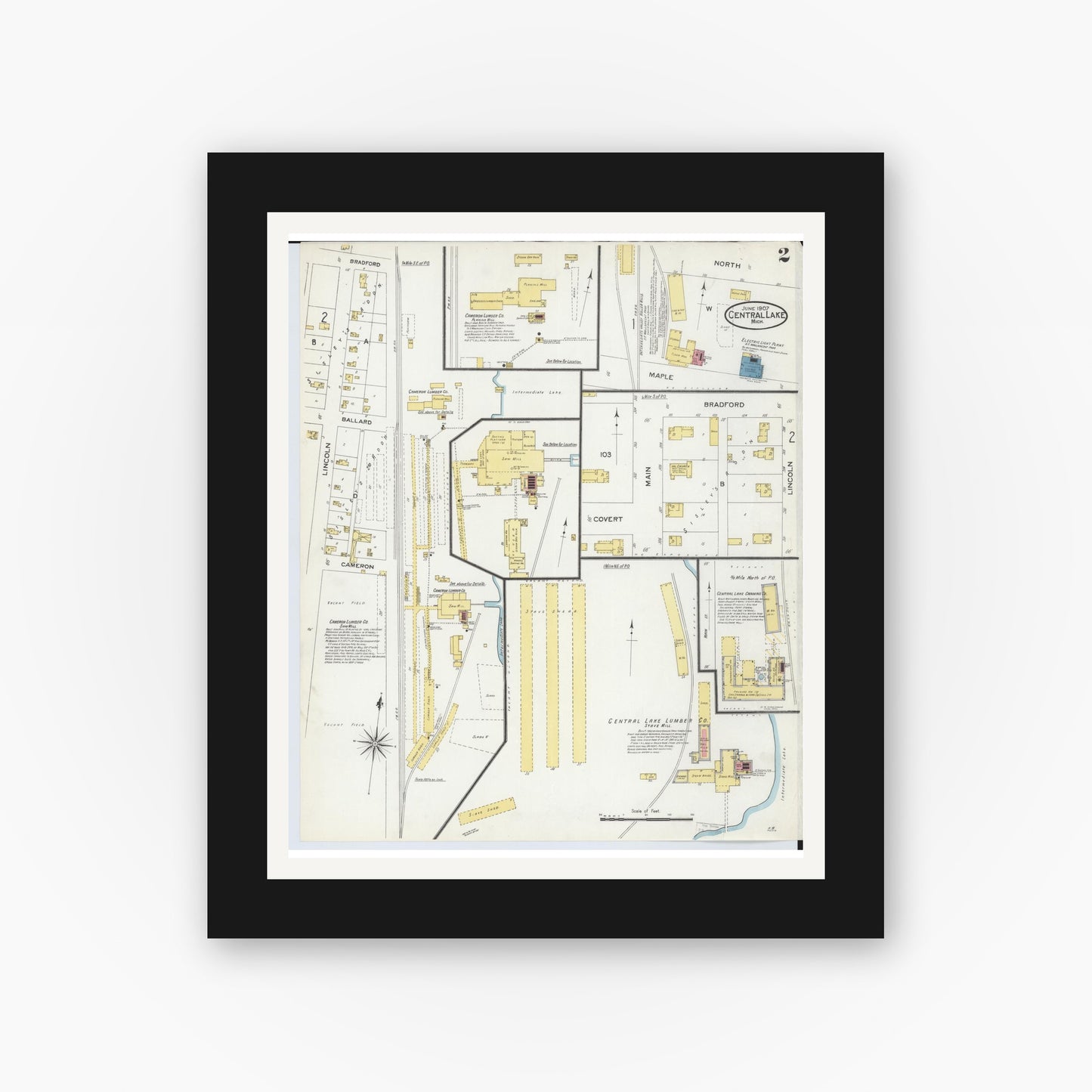Old map wall art mockup — black gallery frame with white mat — Sanborn Fire Insurance Map from Central Lake, Antrim County, Michigan (1907), Sheet #0002