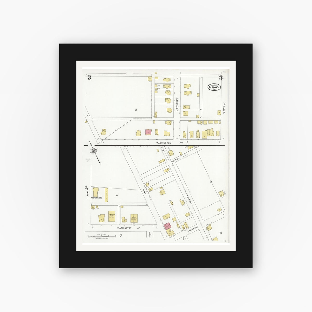 Old map wall art mockup — black gallery frame with white mat — Sanborn Fire Insurance Map from Midway, Washington County, Pennsylvania (1927), Sheet #0003