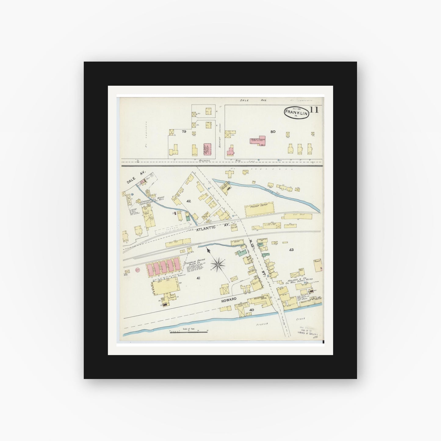 Old map wall art mockup — black gallery frame with white mat — Sanborn Fire Insurance Map from Franklin, Venango County, Pennsylvania (1891), Sheet #0011