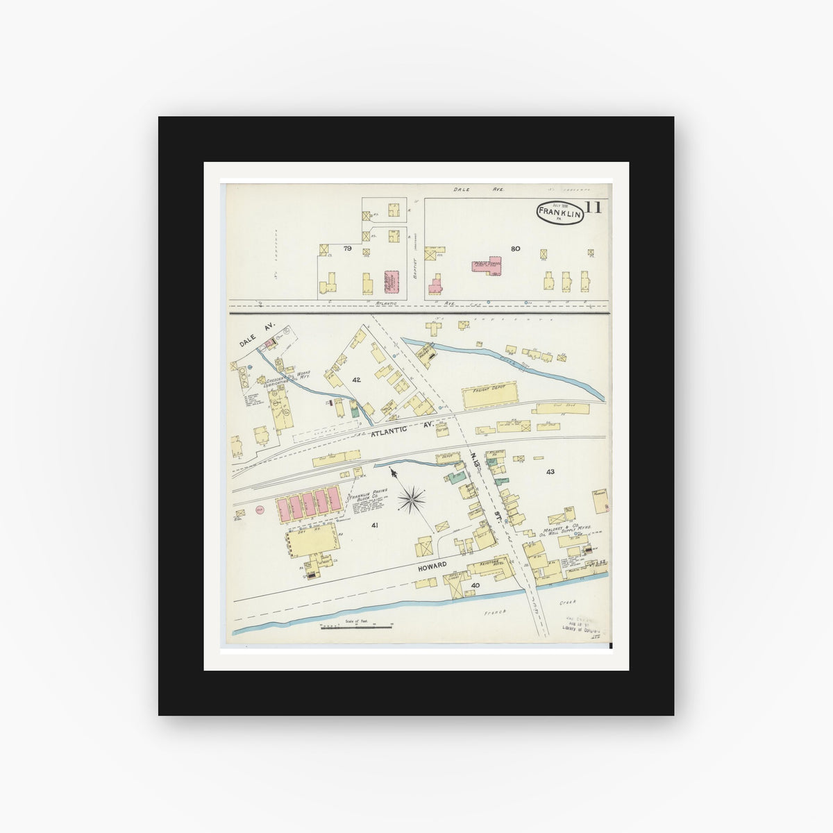 Old map wall art mockup — black gallery frame with white mat — Sanborn Fire Insurance Map from Franklin, Venango County, Pennsylvania (1891), Sheet #0011