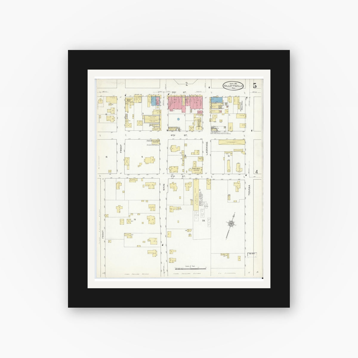 Old map wall art mockup — black gallery frame with white mat — Sanborn Fire Insurance Map from Hallettsville, Lavaca County, Texas (1912), Sheet #0005