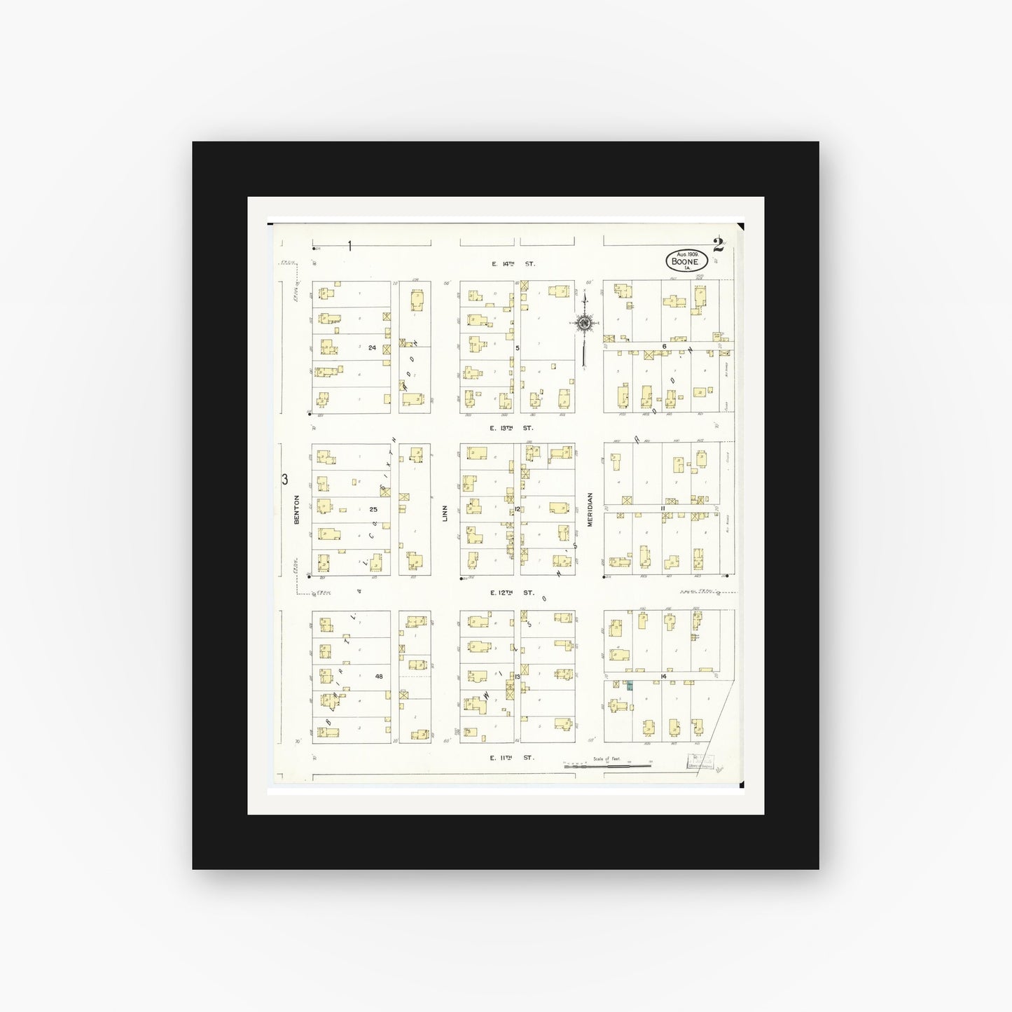 Old map wall art mockup — black gallery frame with white mat — Sanborn Fire Insurance Map from Boone, Boone County, Iowa (1909), Sheet #0002