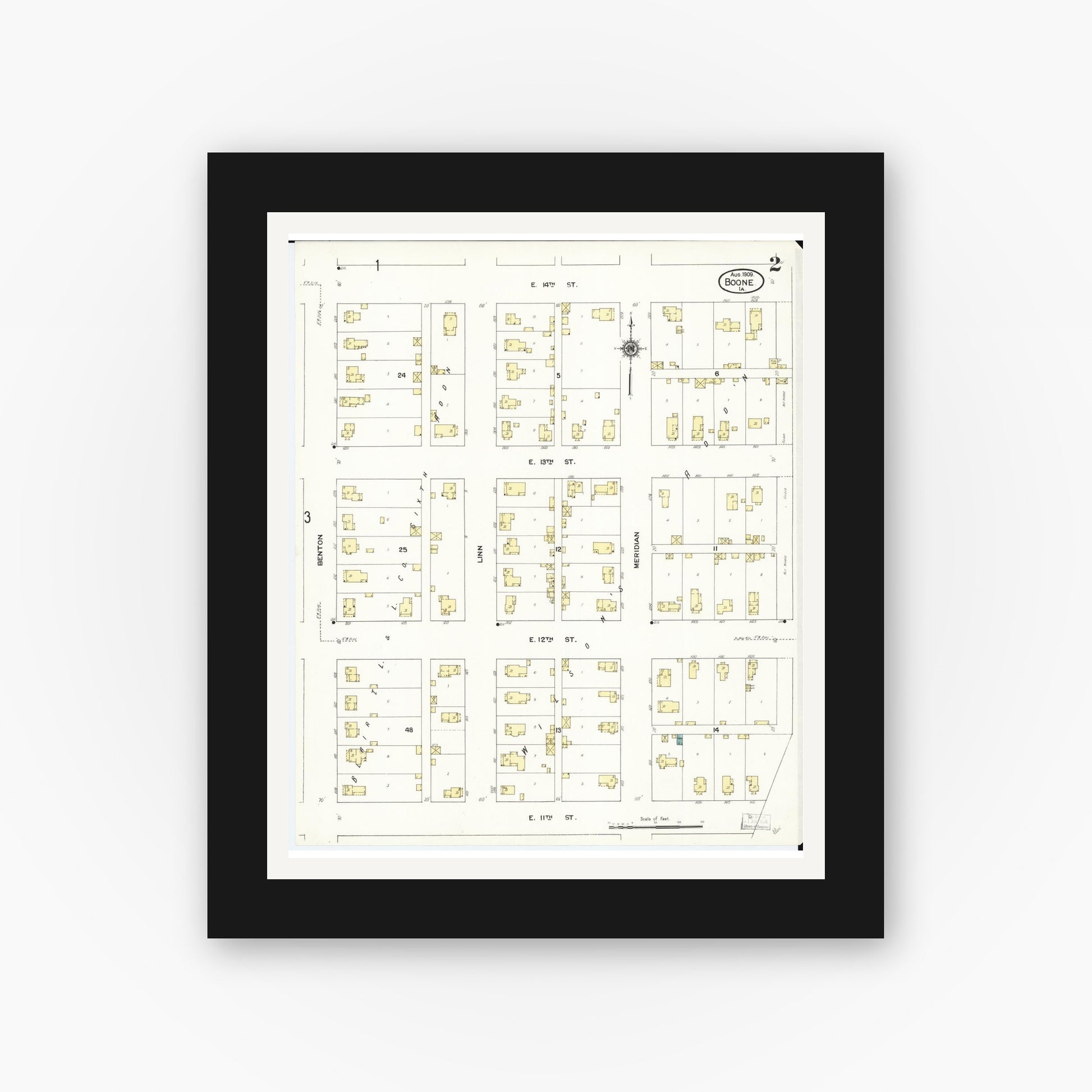 Old map wall art mockup — black gallery frame with white mat — Sanborn Fire Insurance Map from Boone, Boone County, Iowa (1909), Sheet #0002