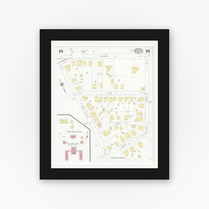 Old map wall art mockup — black gallery frame with white mat — Sanborn Fire Insurance Map from Monroe, Union County, North Carolina (1930), Sheet #0019