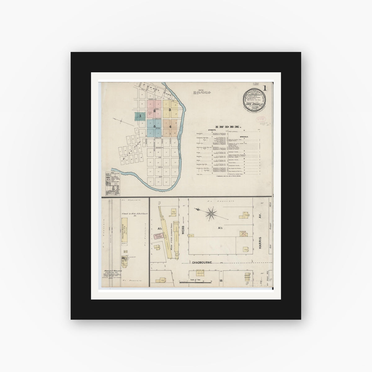 Old map wall art mockup — black gallery frame with white mat — Sanborn Fire Insurance Map from San Angelo, Tom Green County, Texas (1889) - Complete Map Set