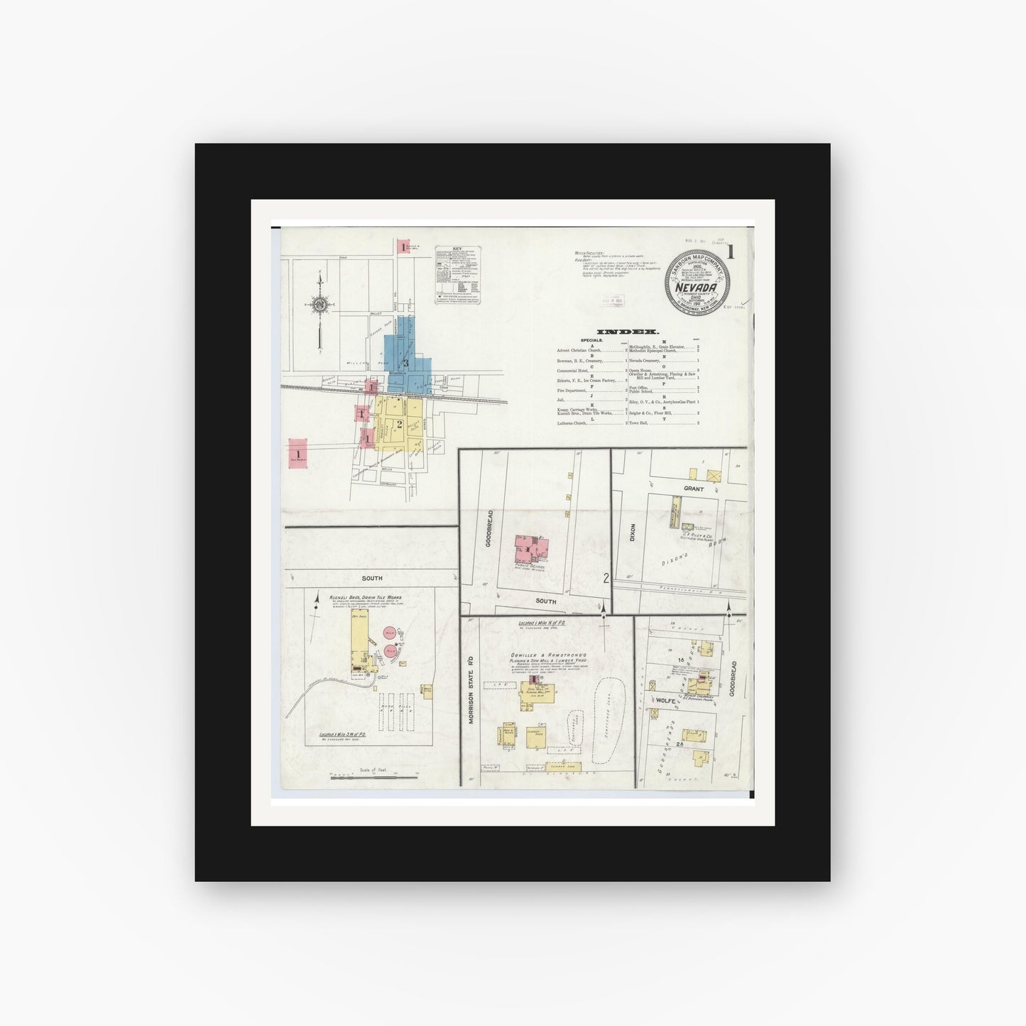 Old map wall art mockup — black gallery frame with white mat — Sanborn Fire Insurance Map from Nevada, Wyandot County, Ohio (1911) - Complete Map Set