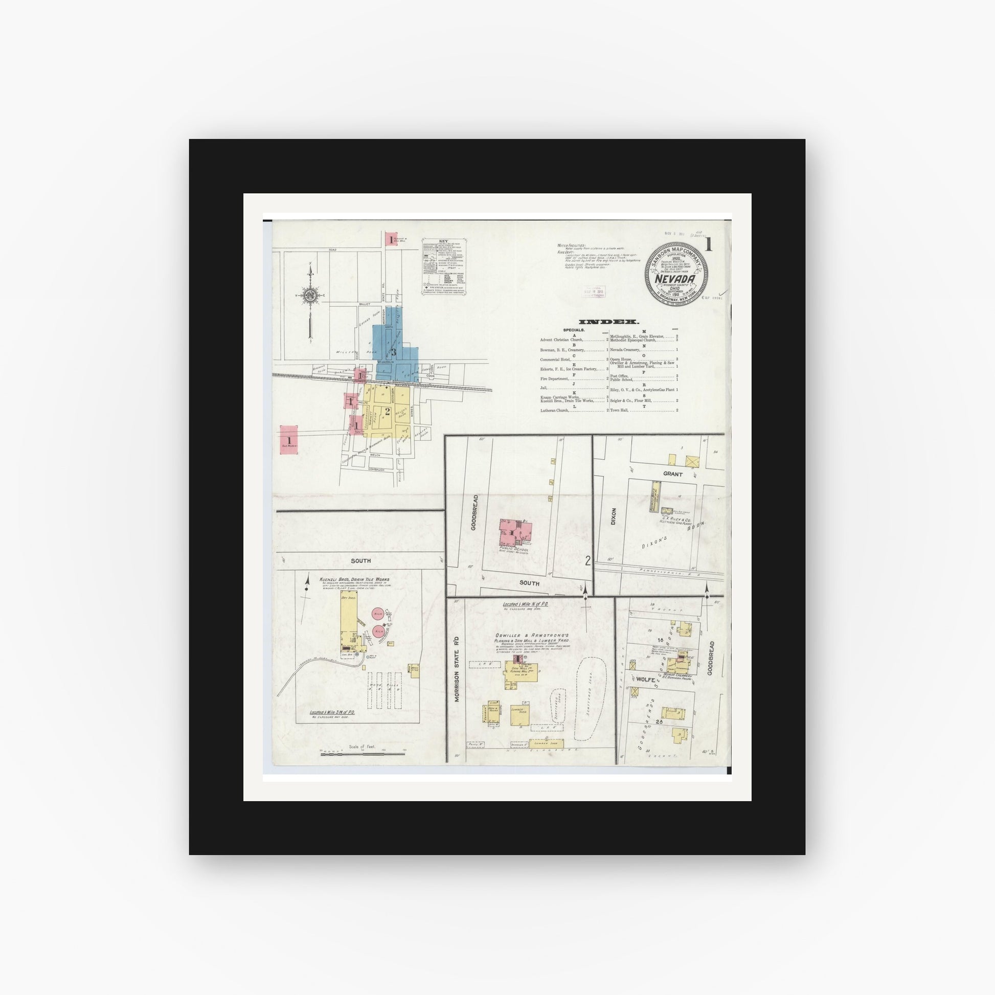Old map wall art mockup — black gallery frame with white mat — Sanborn Fire Insurance Map from Nevada, Wyandot County, Ohio (1911) - Complete Map Set