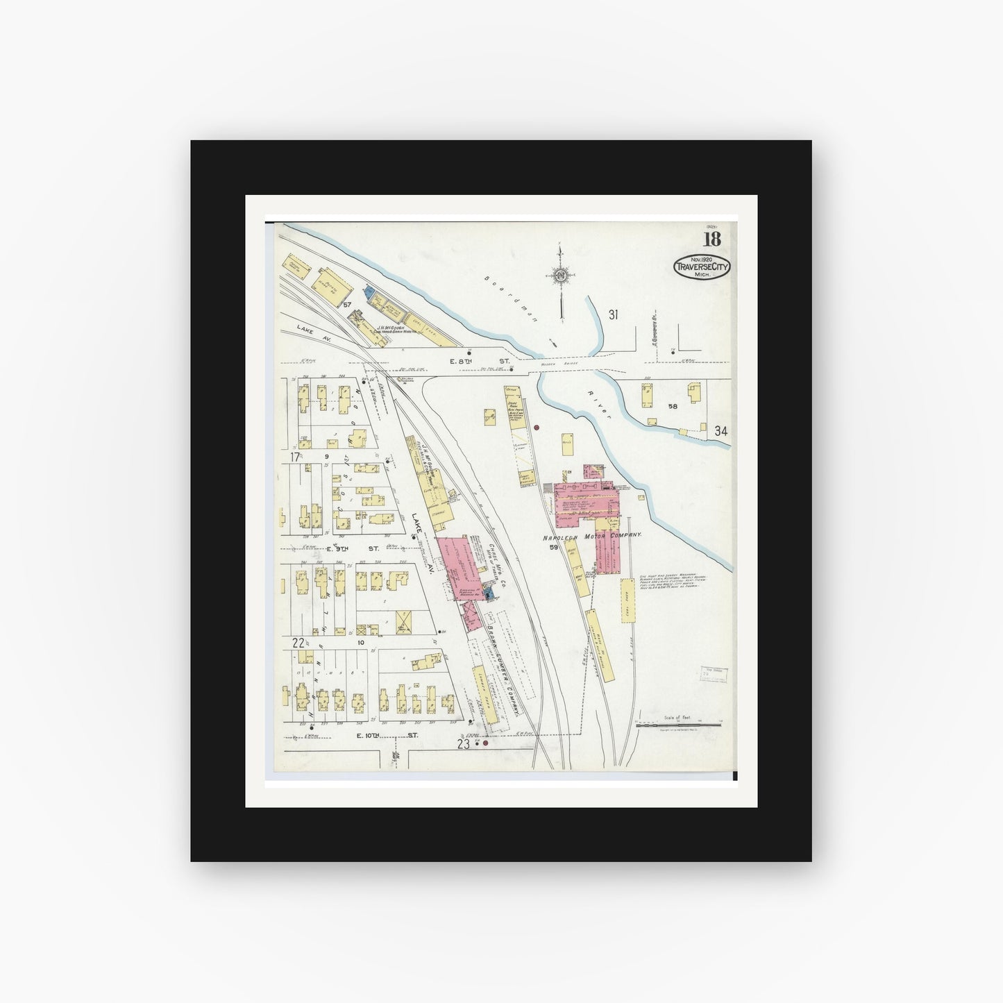 Old map wall art mockup — black gallery frame with white mat — Sanborn Fire Insurance Map from Traverse City, Grand Traverse County, Michigan (1920), Sheet #0018