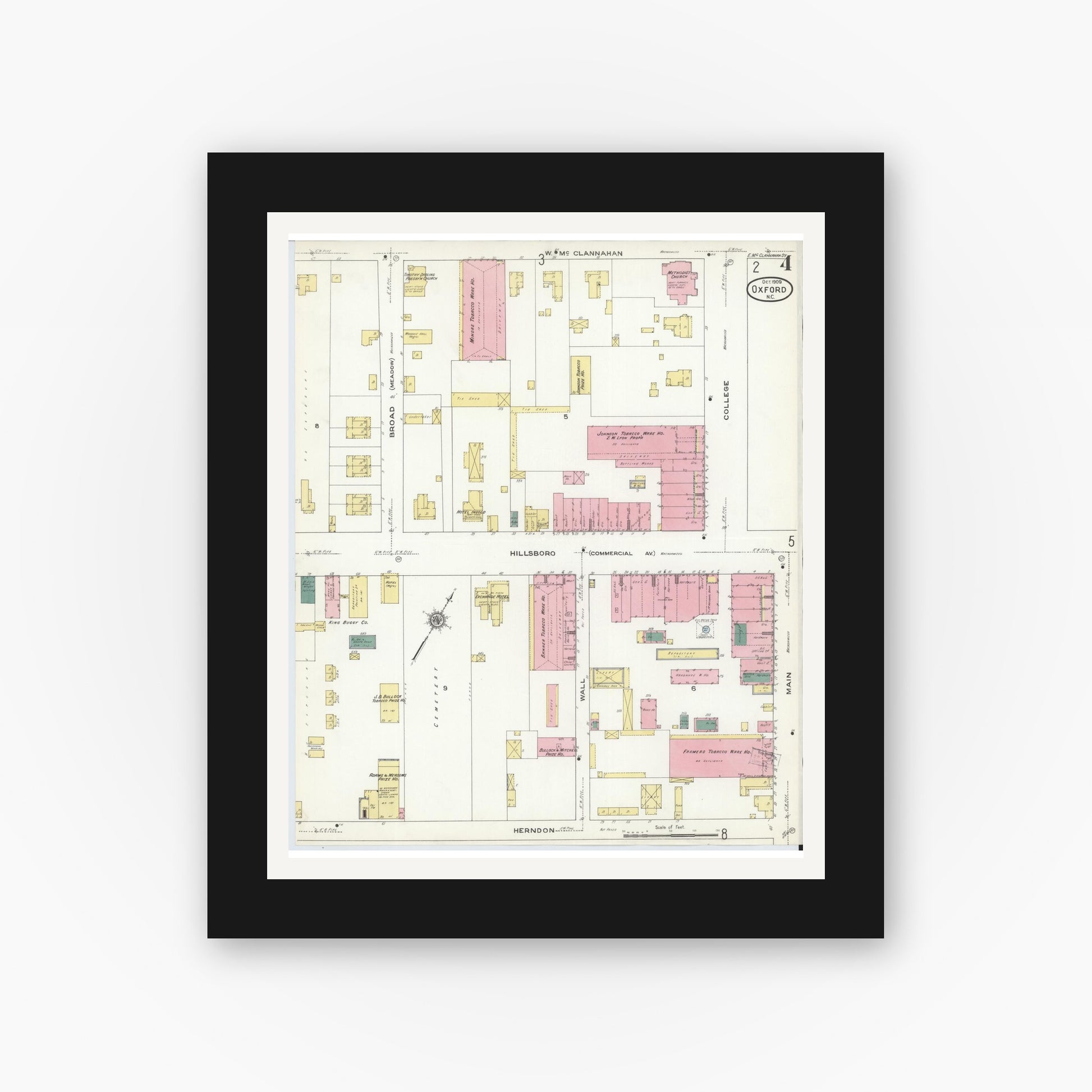 Old map wall art mockup — black gallery frame with white mat — Sanborn Fire Insurance Map from Oxford, Granville County, North Carolina (1909), Sheet #0004