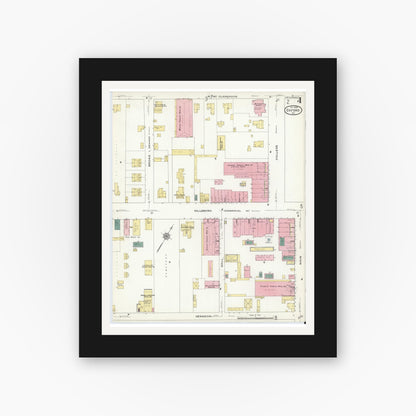 Old map wall art mockup — black gallery frame with white mat — Sanborn Fire Insurance Map from Oxford, Granville County, North Carolina (1909), Sheet #0004