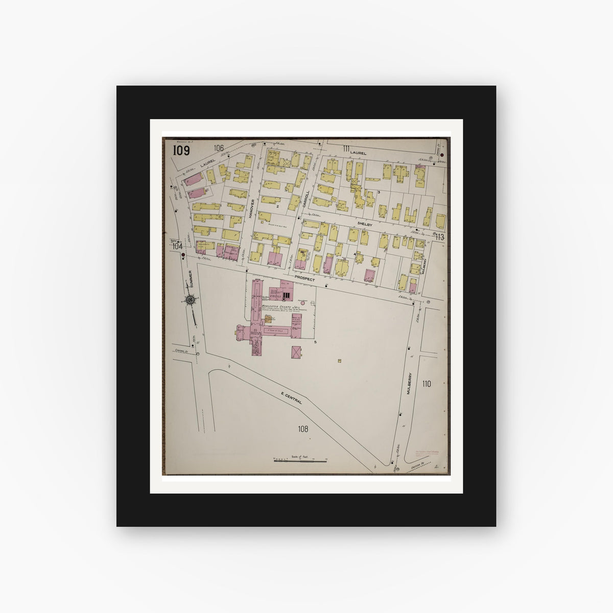 Old map wall art mockup — black gallery frame with white mat — Sanborn Fire Insurance Map from Worcester, Worcester County, Massachusetts (1910), Sheet #0109