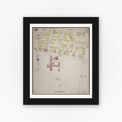 Old map wall art mockup — black gallery frame with white mat — Sanborn Fire Insurance Map from Worcester, Worcester County, Massachusetts (1910), Sheet #0109