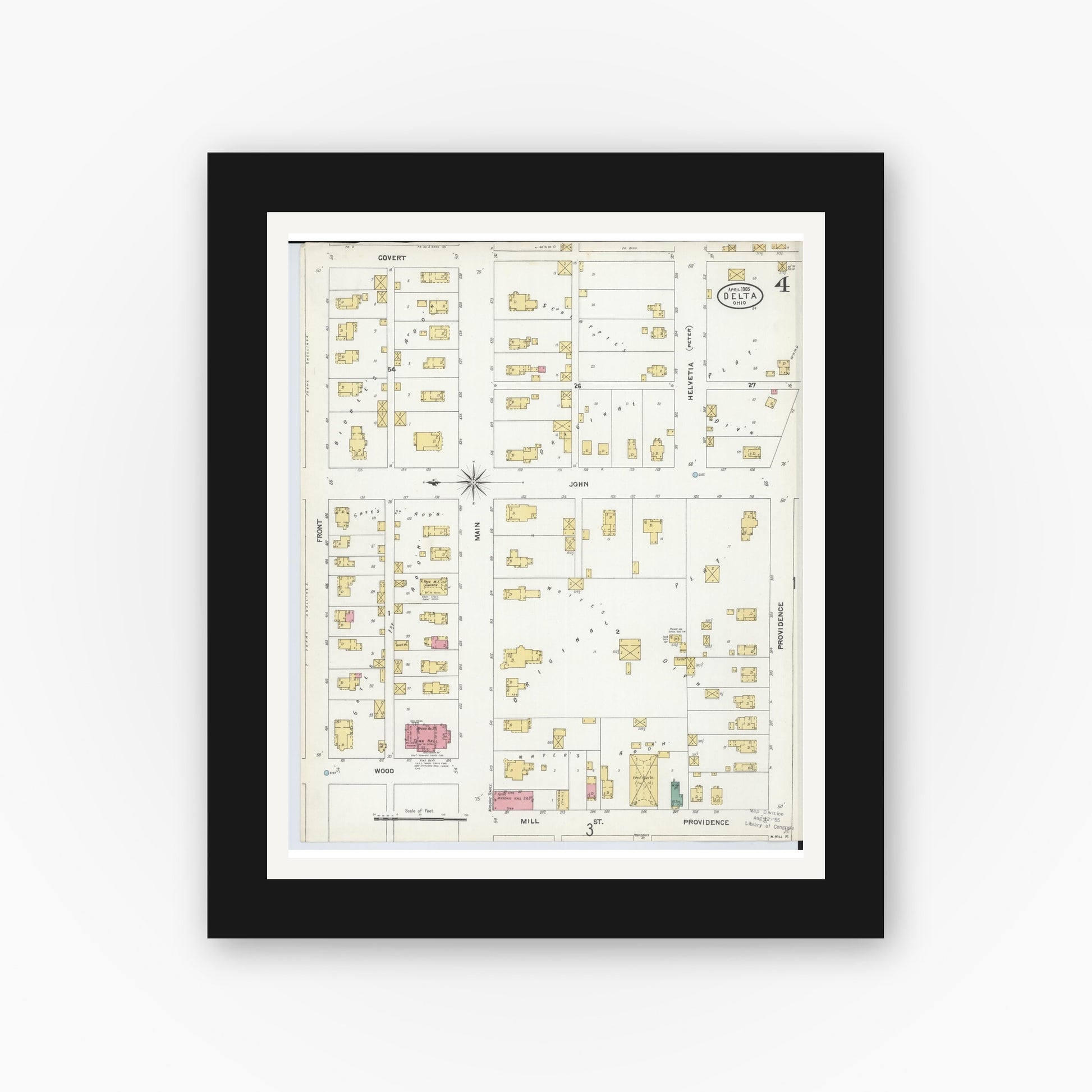 Old map wall art mockup — black gallery frame with white mat — Sanborn Fire Insurance Map from Delta, Fulton County, Ohio (1905), Sheet #0004