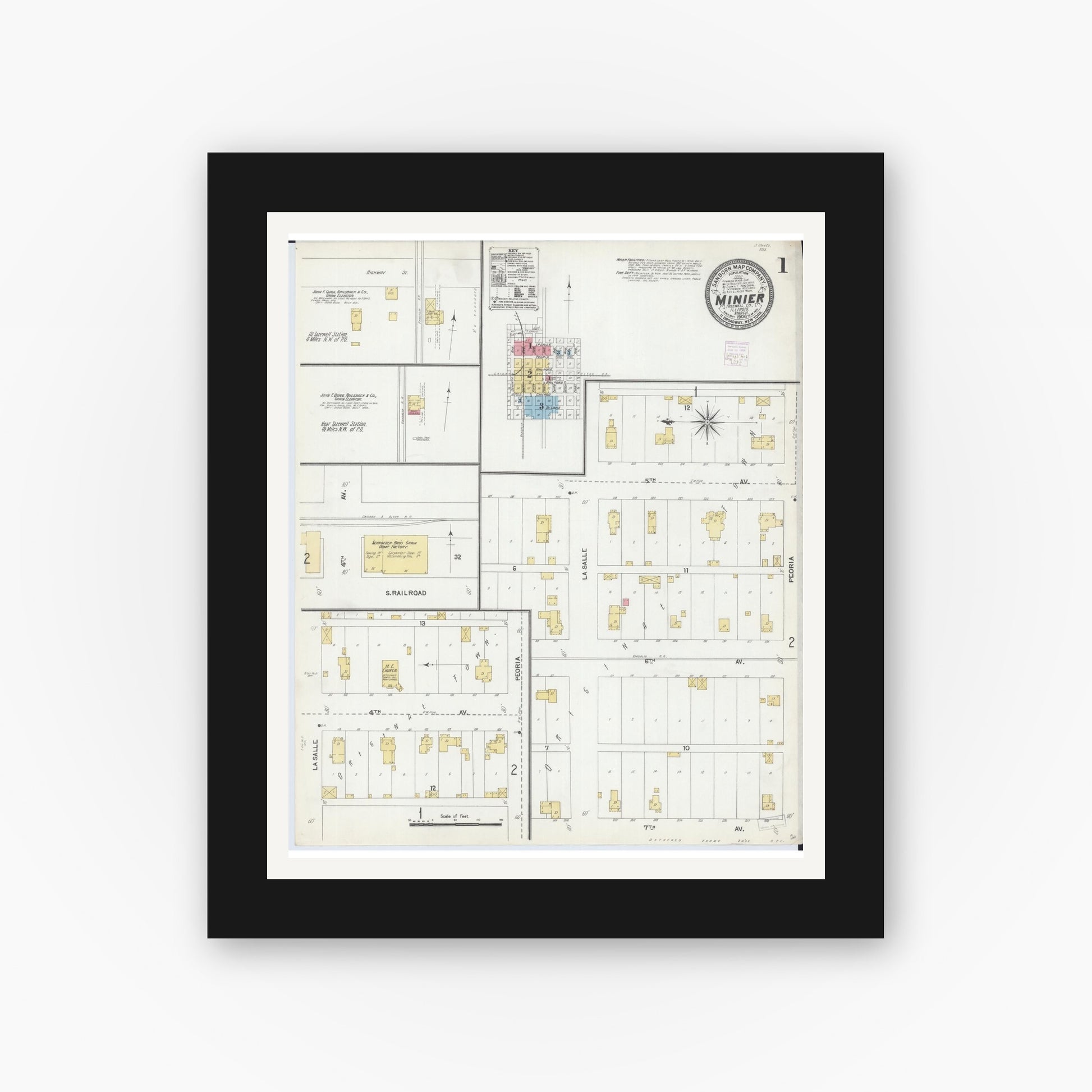 Old map wall art mockup — black gallery frame with white mat — Sanborn Fire Insurance Map from Minier, Tazewell County, Illinois (1906) - Complete Map Set